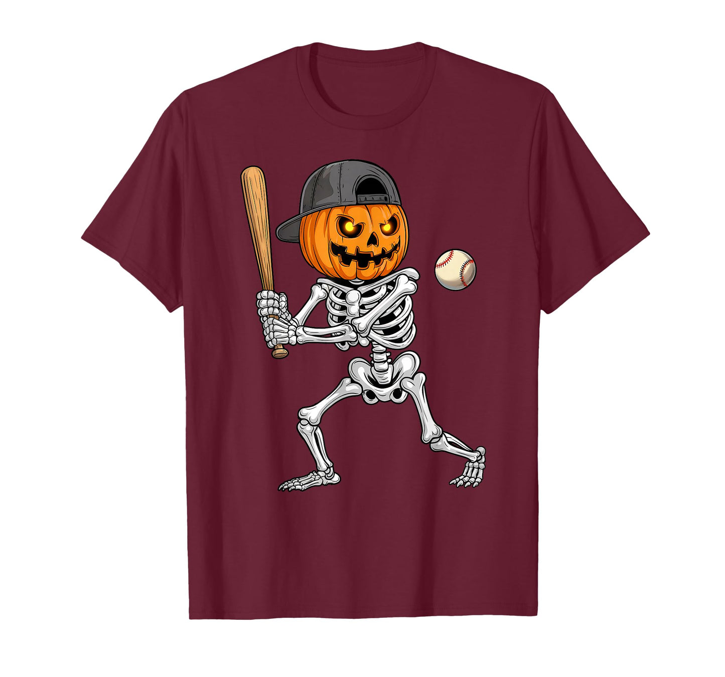 Pumpkin Skeleton Playing Baseball Halloween Men Kids Boys T-Shirt