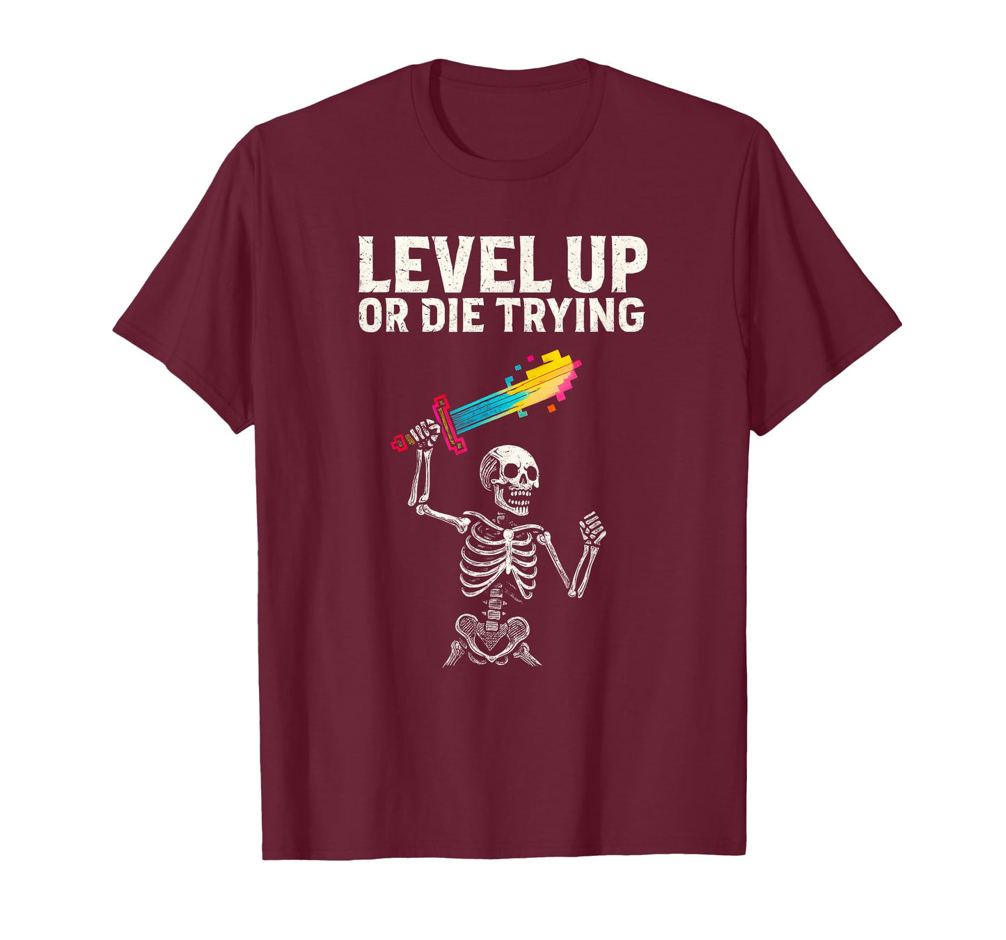 Motivation Gamer Skeleton Holding A Colorful Pixelated Sword T-Shirt