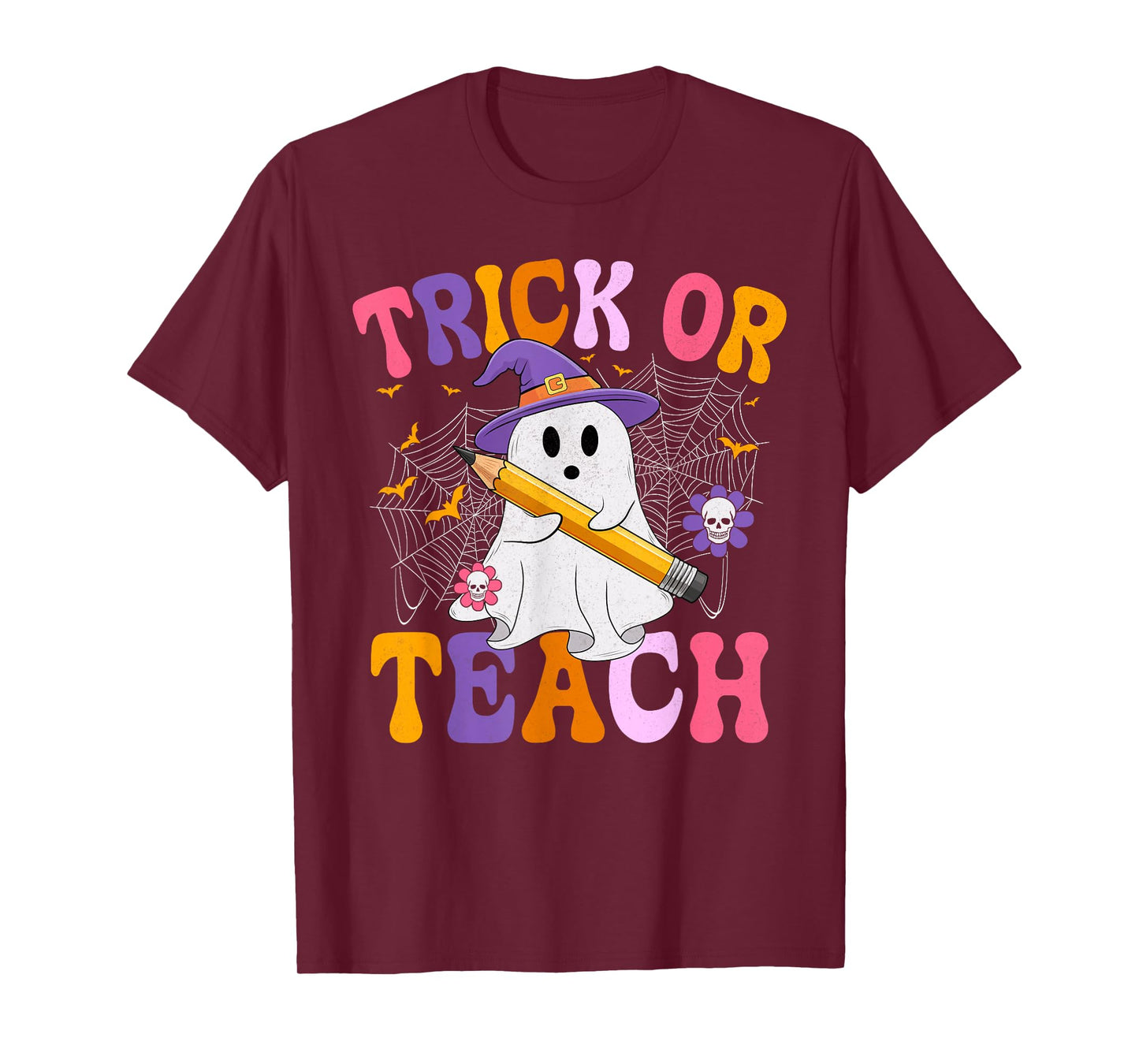 Trick Or Teach Boo Ghost Groovy Teacher Halloween Costume T-Shirt