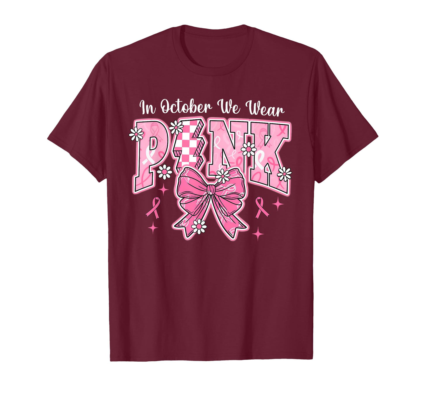 In October We Wear Pink Breast Cancer Awareness Coquette Bow T-Shirt