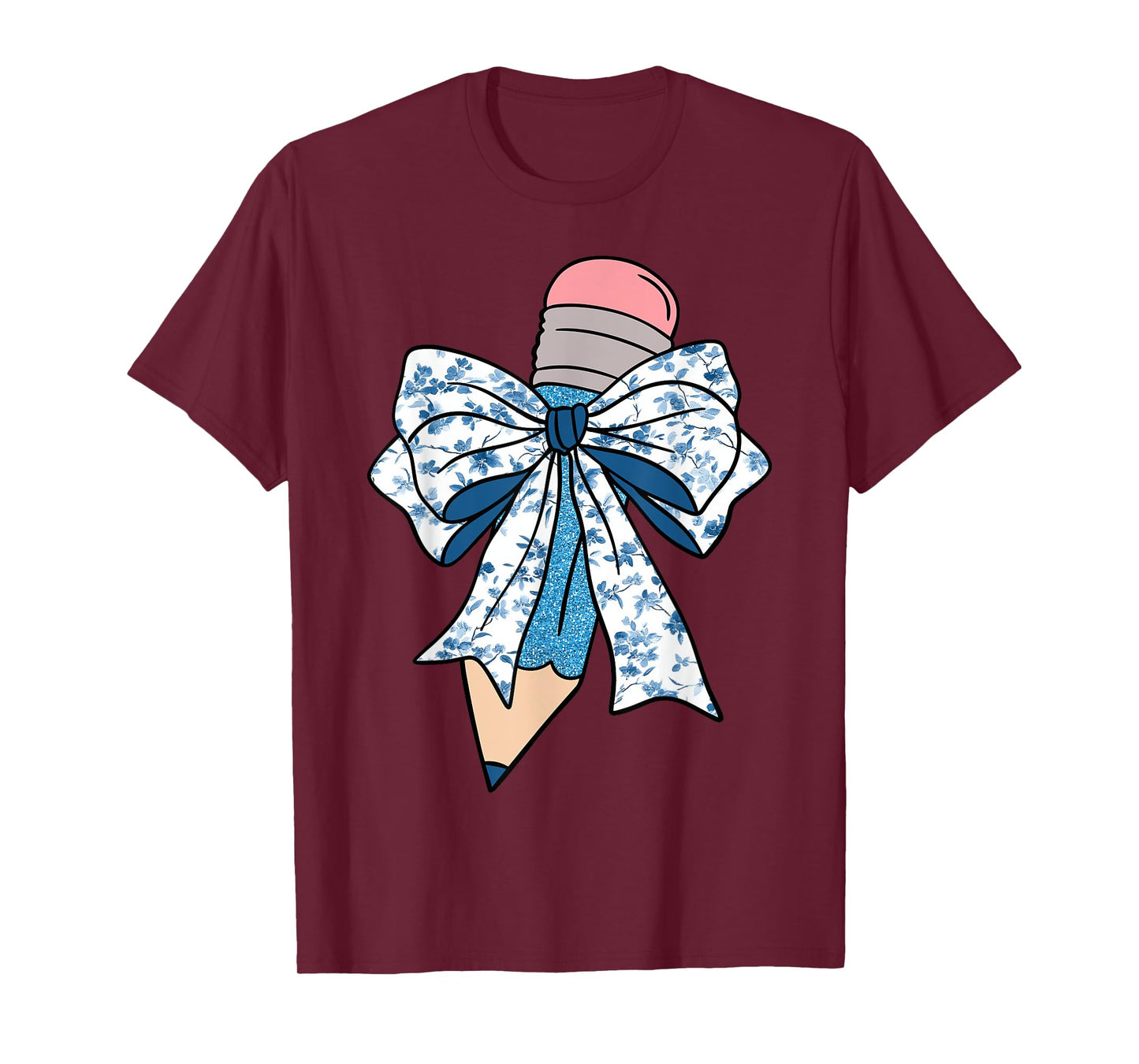 Pencil Teacher Coquette Toile Blue Bow Floral Pattern T-Shirt