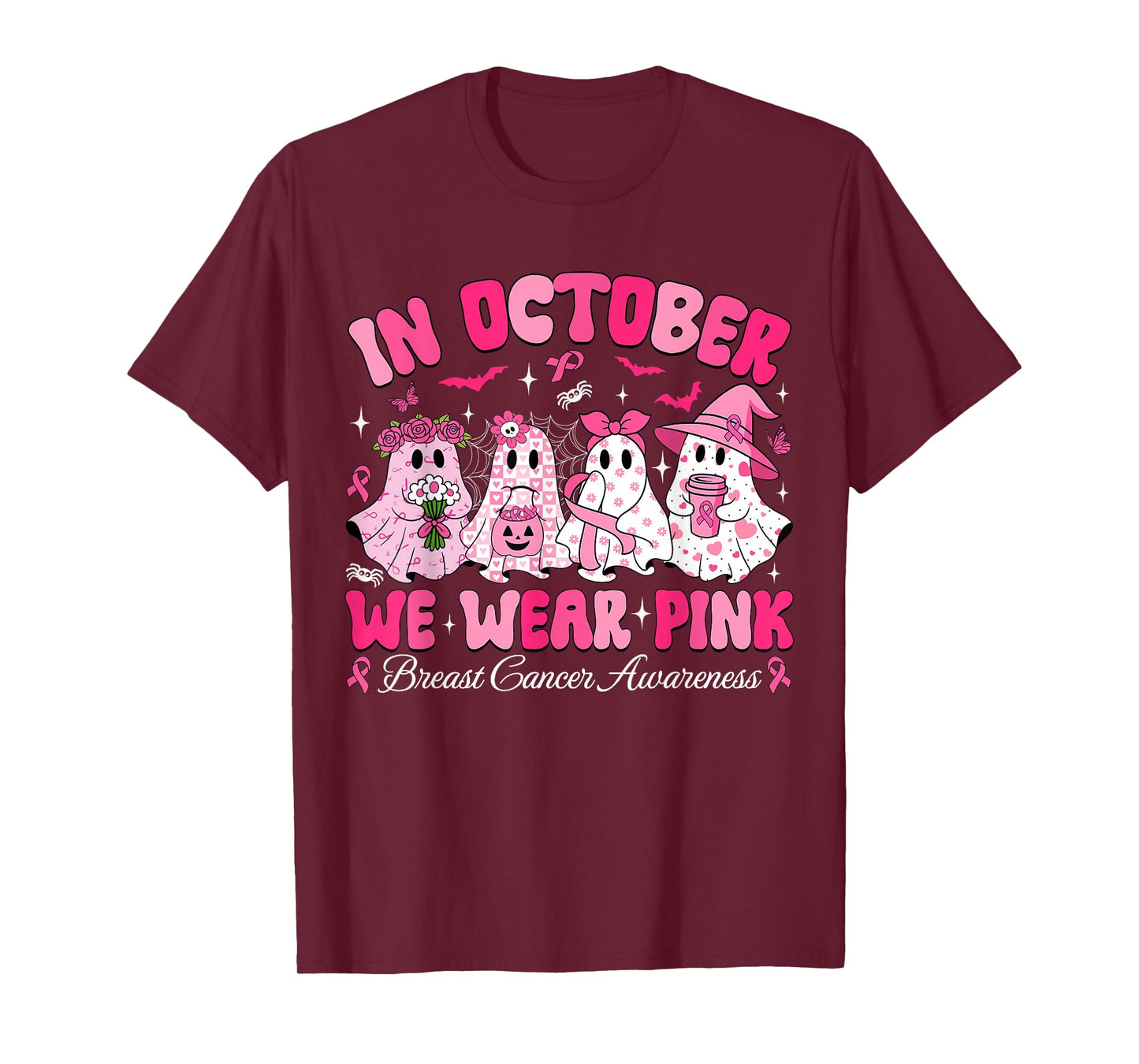 in October We Wear Pink Ghost Witch Breast Cancer Awareness T-Shirt