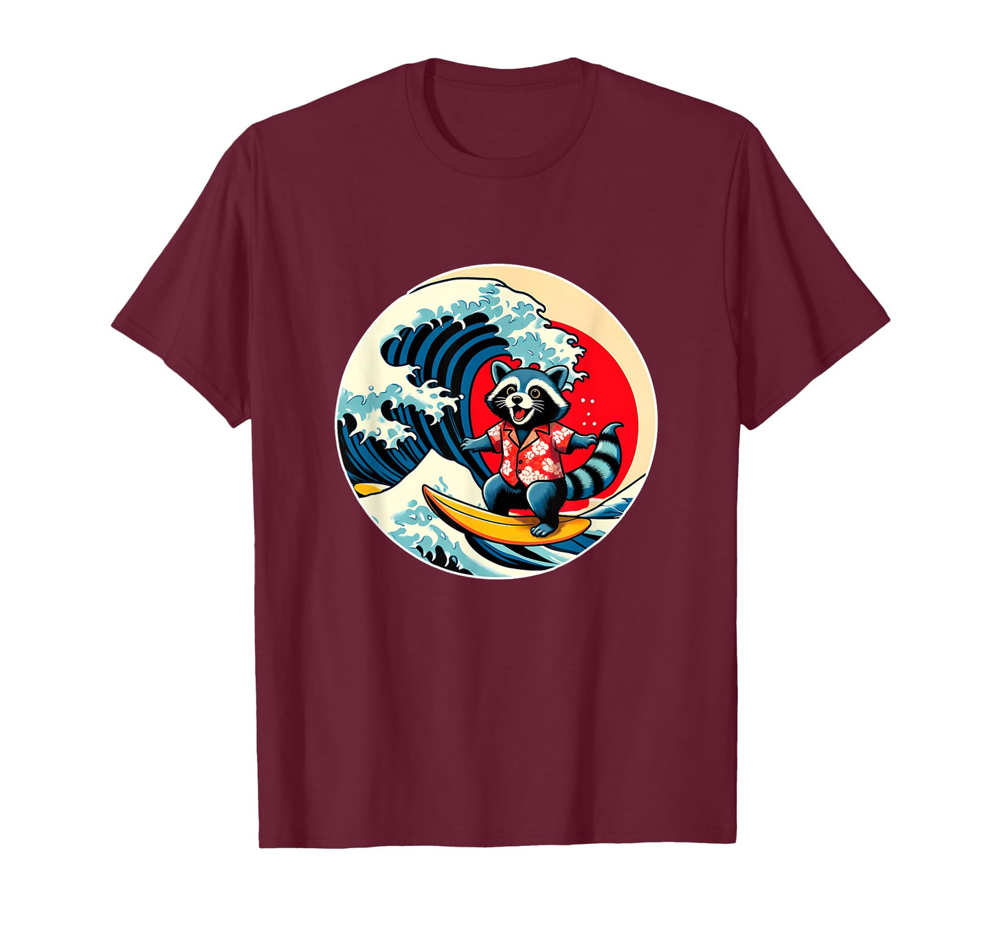 Great Wave Kanagawa Racoon Surfing T-Shirt