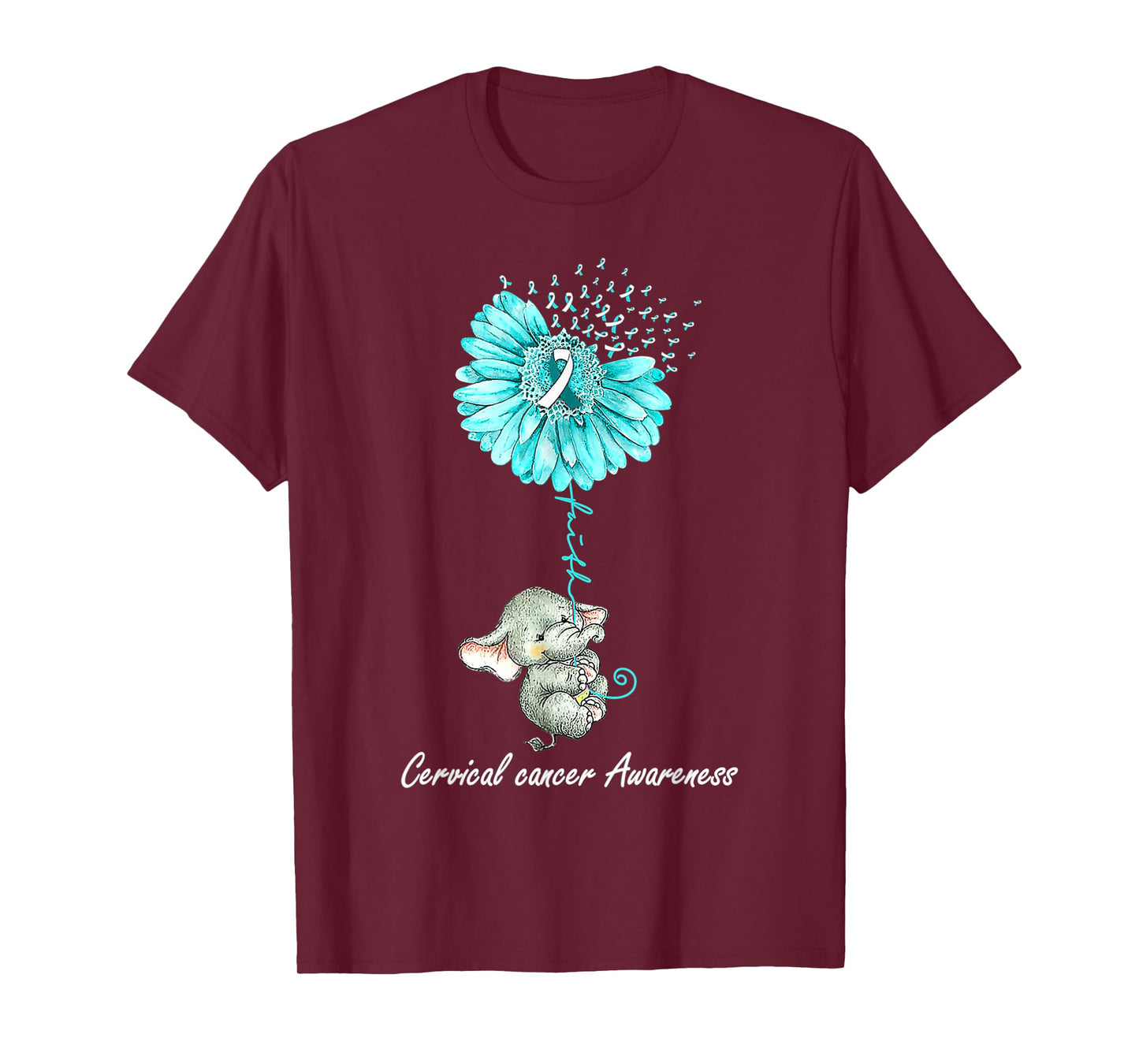 Teal Sunflower Elephant Cervical Cancer Awareness Gift T-Shirt