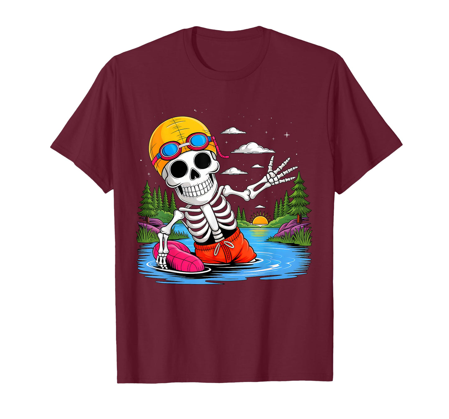 Skeleton Swimming Halloween Costume Funny Swimming Boys Kids T-Shirt