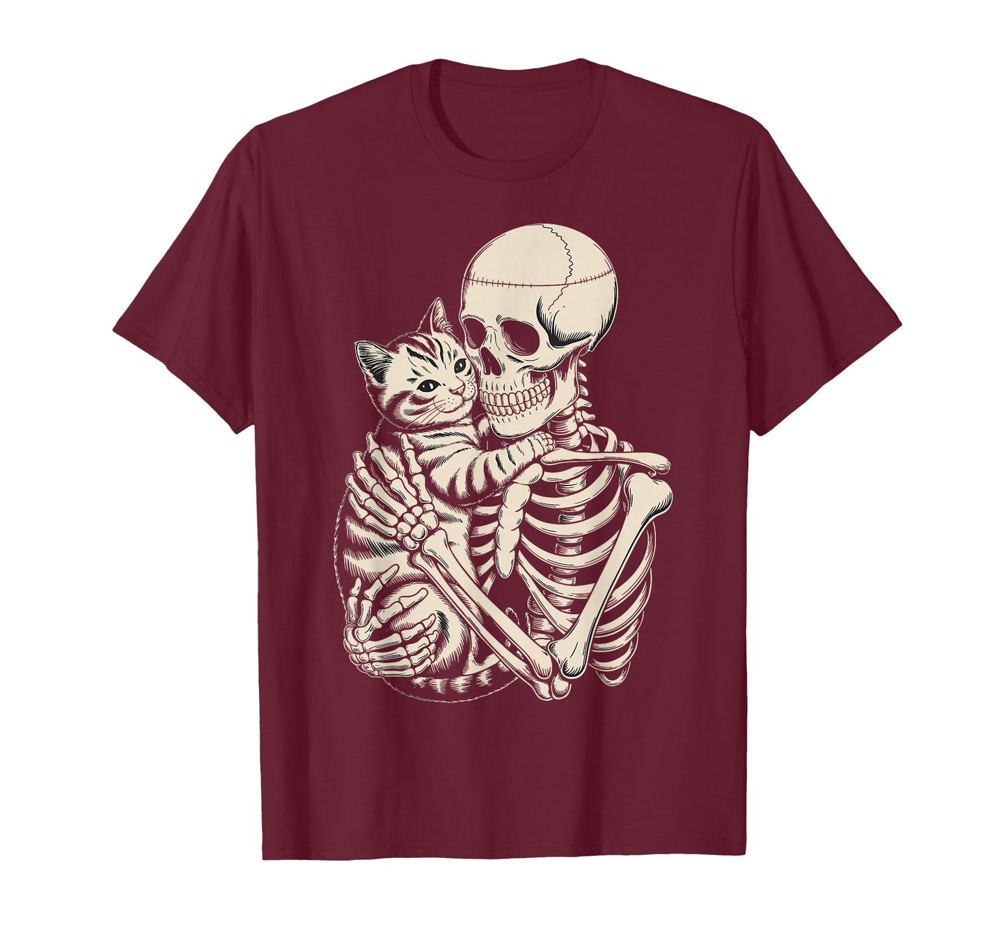 Skeleton Hugging Cat Funny Halloween Cat Lover T-Shirt