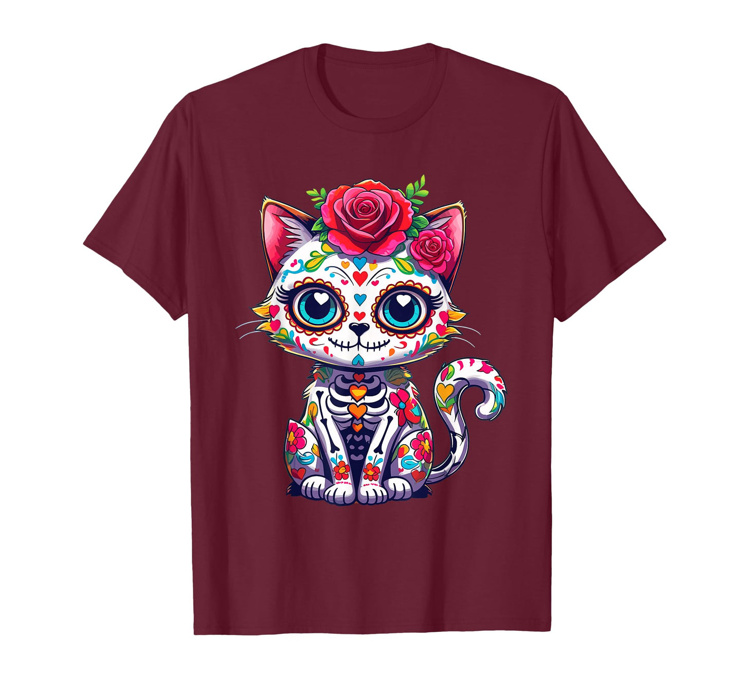 Dia De Los Muertos Cute Skeleton Cat Sugar Skull Kawaii Art T-Shirt
