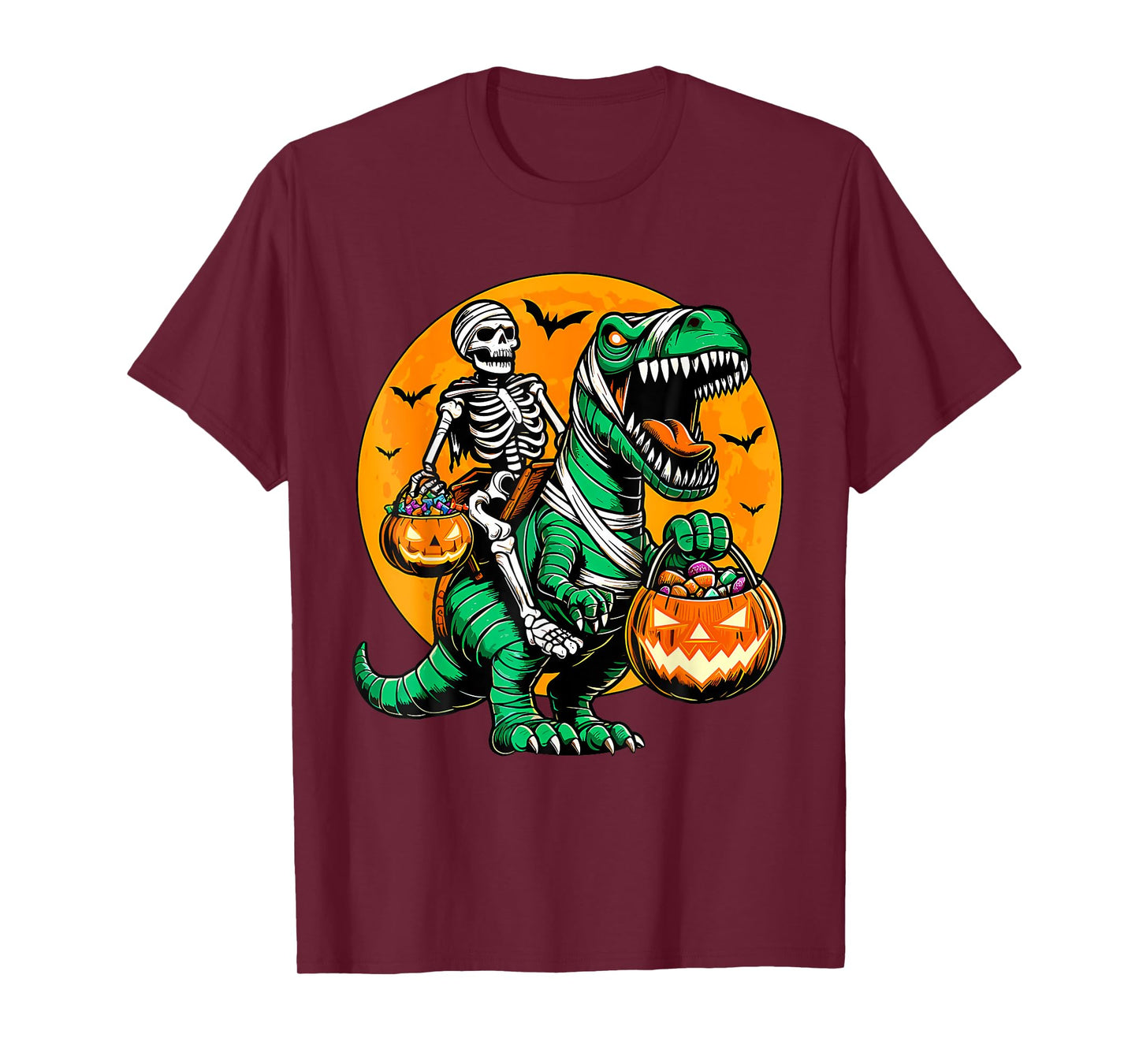 Funny Skeleton Riding Dinosaur Pumpkin Spooky Trex Halloween T-Shirt