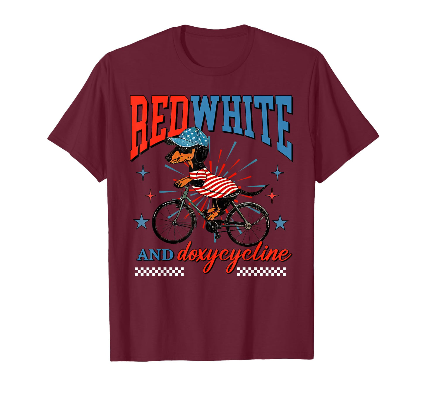 Red White Doxycycline Pharmacy Dachshund Bicycle 4th Of July T-Shirt