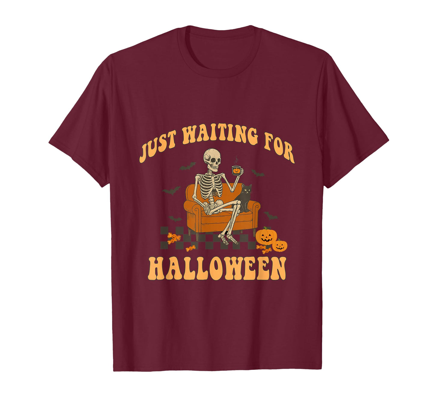 Just Waiting for Halloween Funny Skeleton Coffee Black Cat T-Shirt