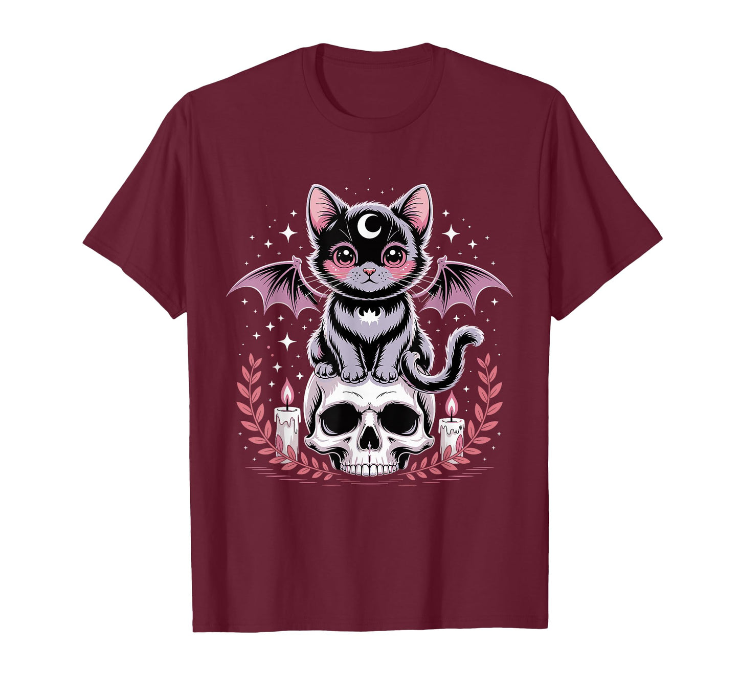 Cute Pink Bat Cat Sitting On Skull Skeleton Candles Design T-Shirt