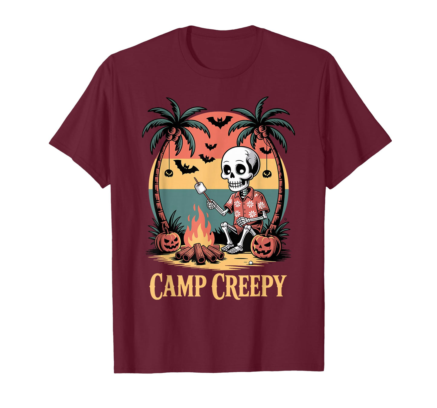 Camp Creepy, Fun Retro Skeleton with Spooky Palm Trees T-Shirt