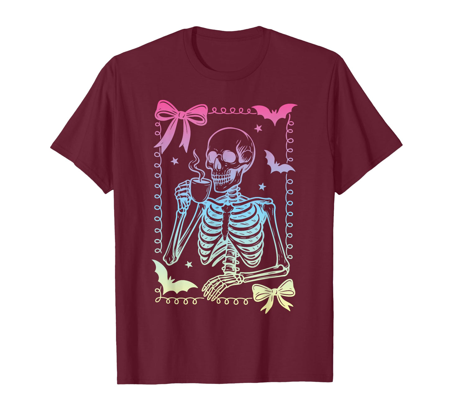 Coquette Bow Skeleton Coffee Pastel Goth Witch Girl Retro T-Shirt