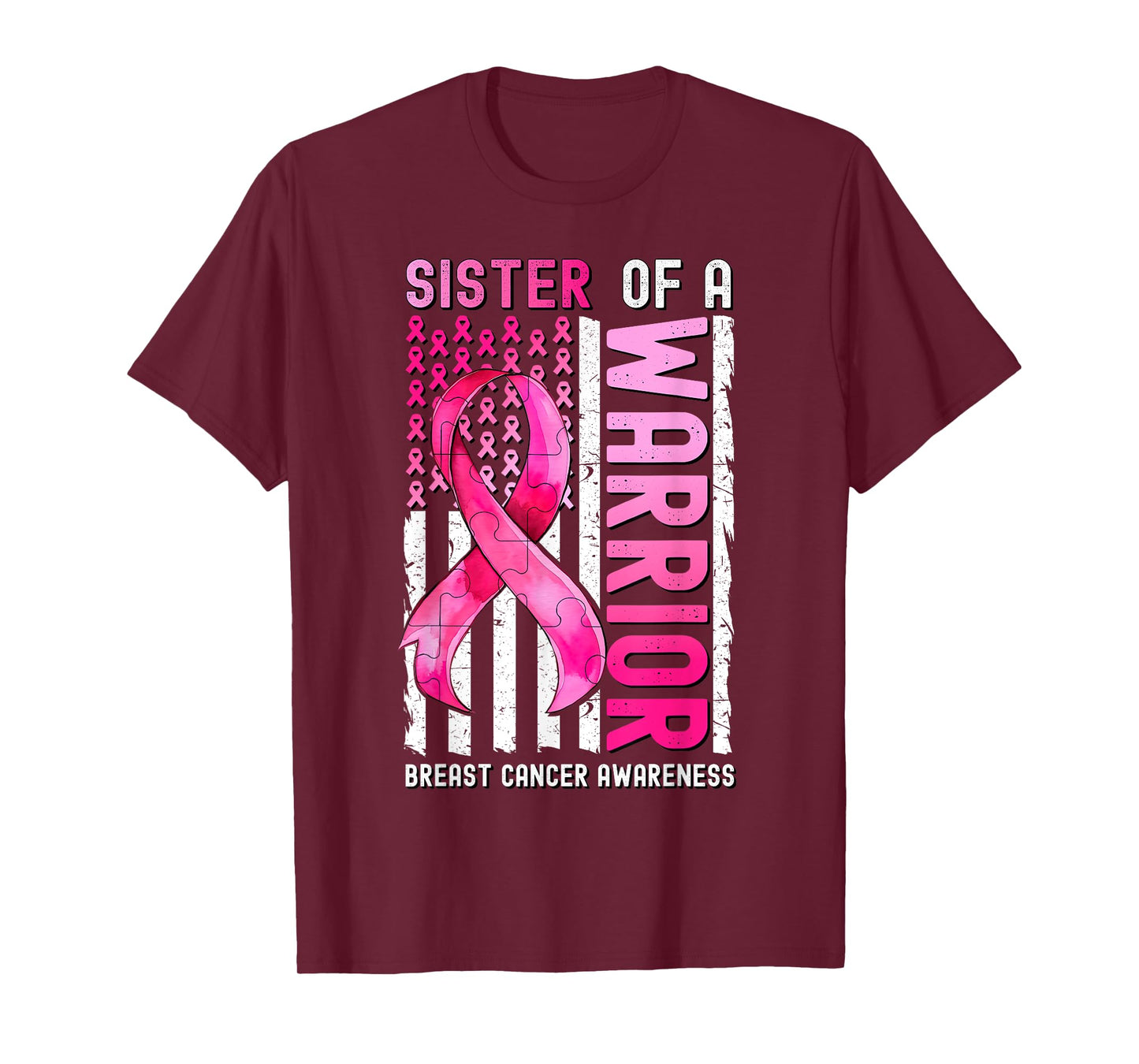 Sister Of A Warrior Breast Cancer USA Flag Awareness Pink Women Kids Men T-Shirt