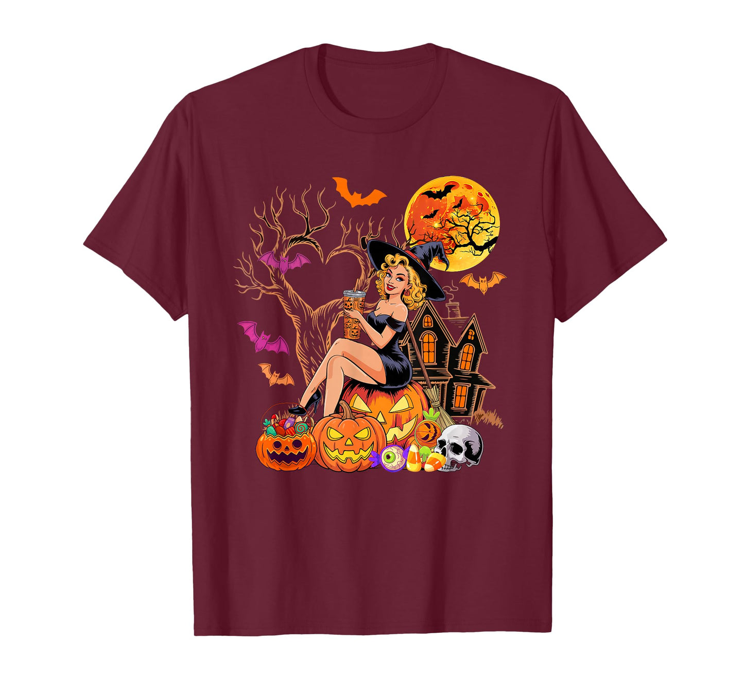 Witch Drinking Coffee Halloween Carved Pumpkin Funny Parties T-Shirt