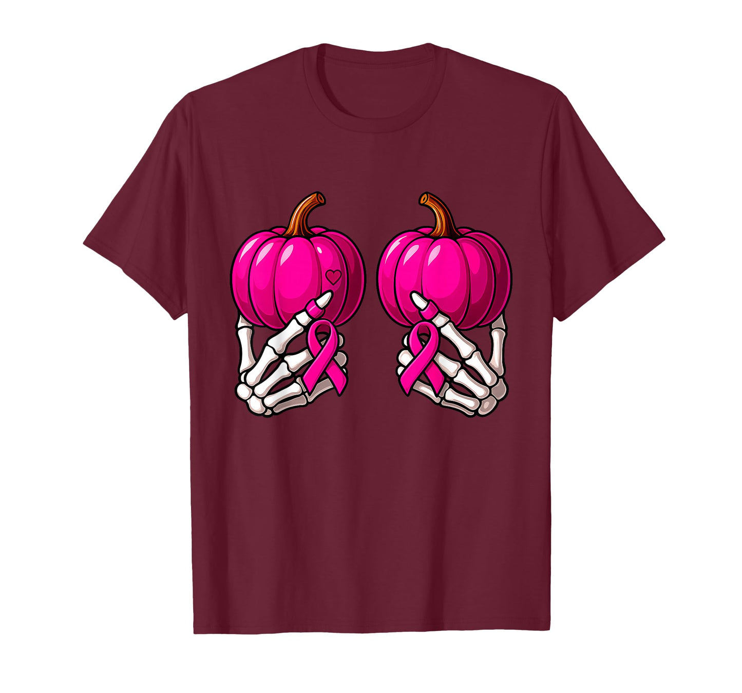 Skeleton Hands Holding Pumpkins Bra Breast Cancer Awareness T-Shirt
