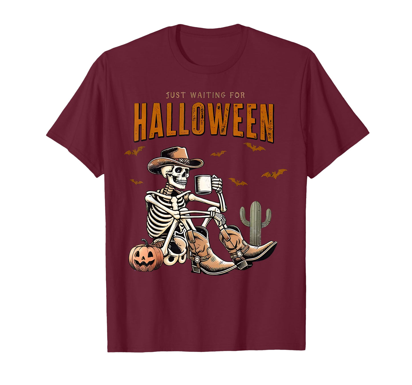 Just Waiting for Halloween Funny Skeleton Cowboy Pumpkin T-Shirt