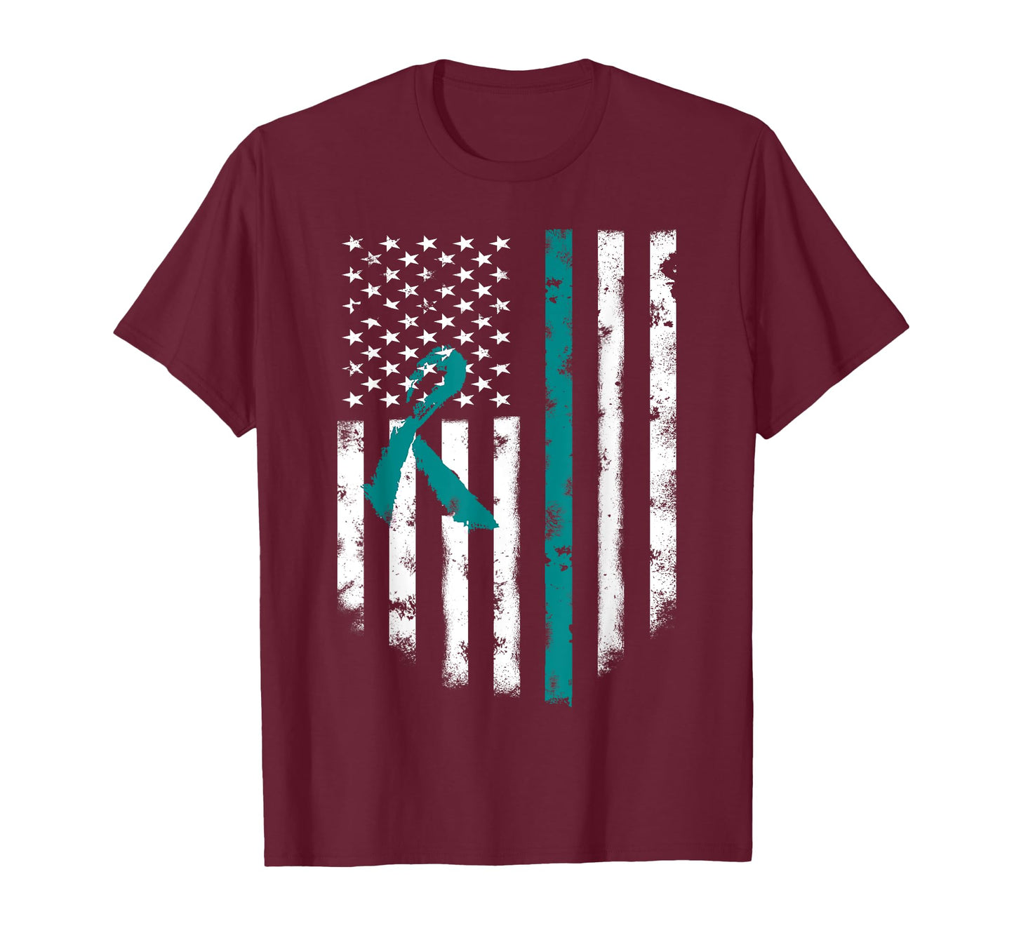 Ovarian Awareness T-shirt American Flag Teal Ribbon Top Tee