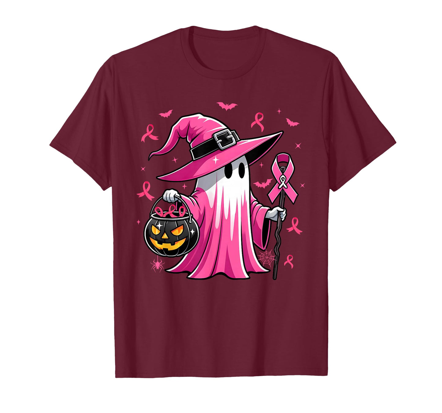 Halloween Pink Ghost Witch Breast Cancer Awareness Women T-Shirt
