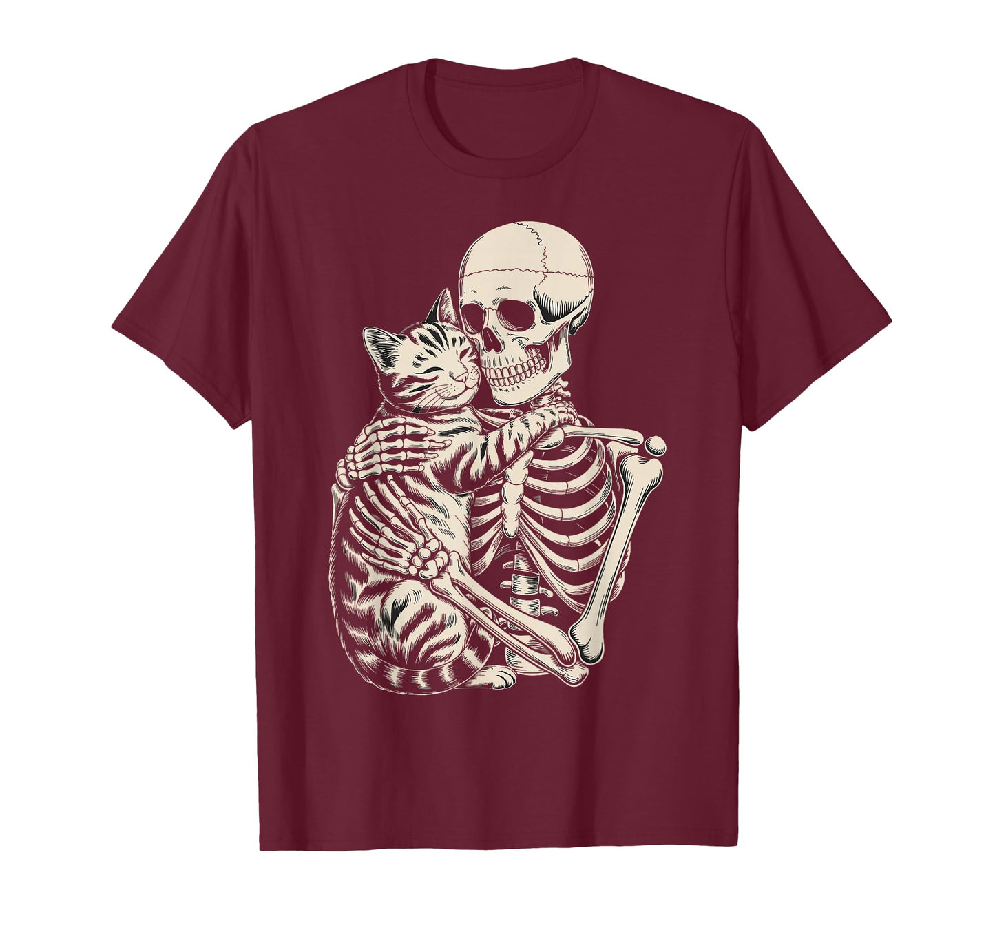 Skeleton Hugging Cat Funny Halloween Cat Lover T-Shirt