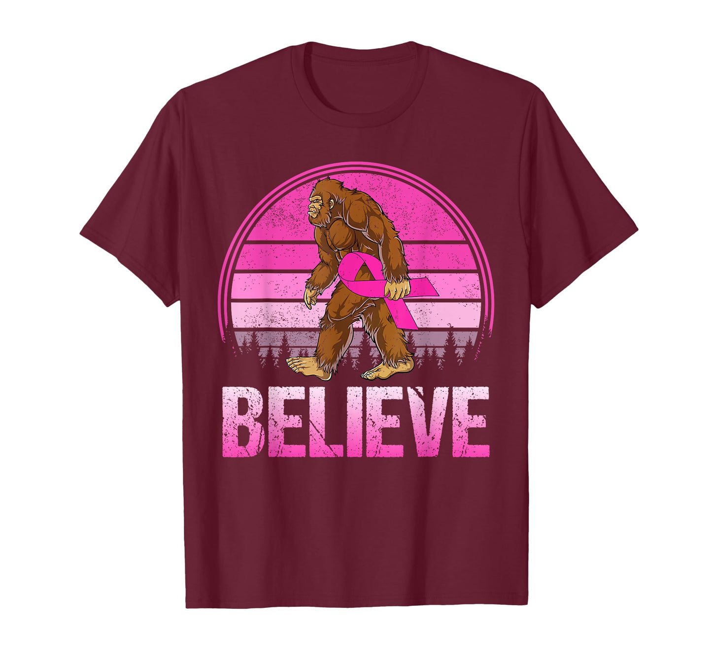 Retro Believe Breast Cancer Bigfoot & Pink Ribbon Sasquatch T-Shirt