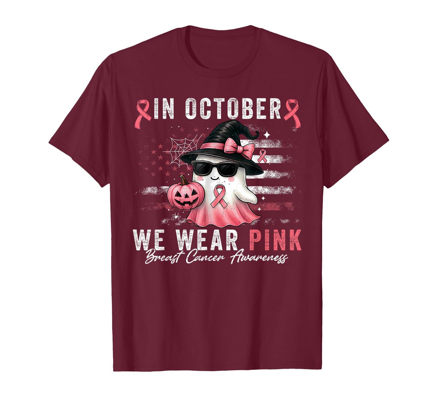 Breast Cancer Halloween in October We Wear Pink Us Flag T-Shirt