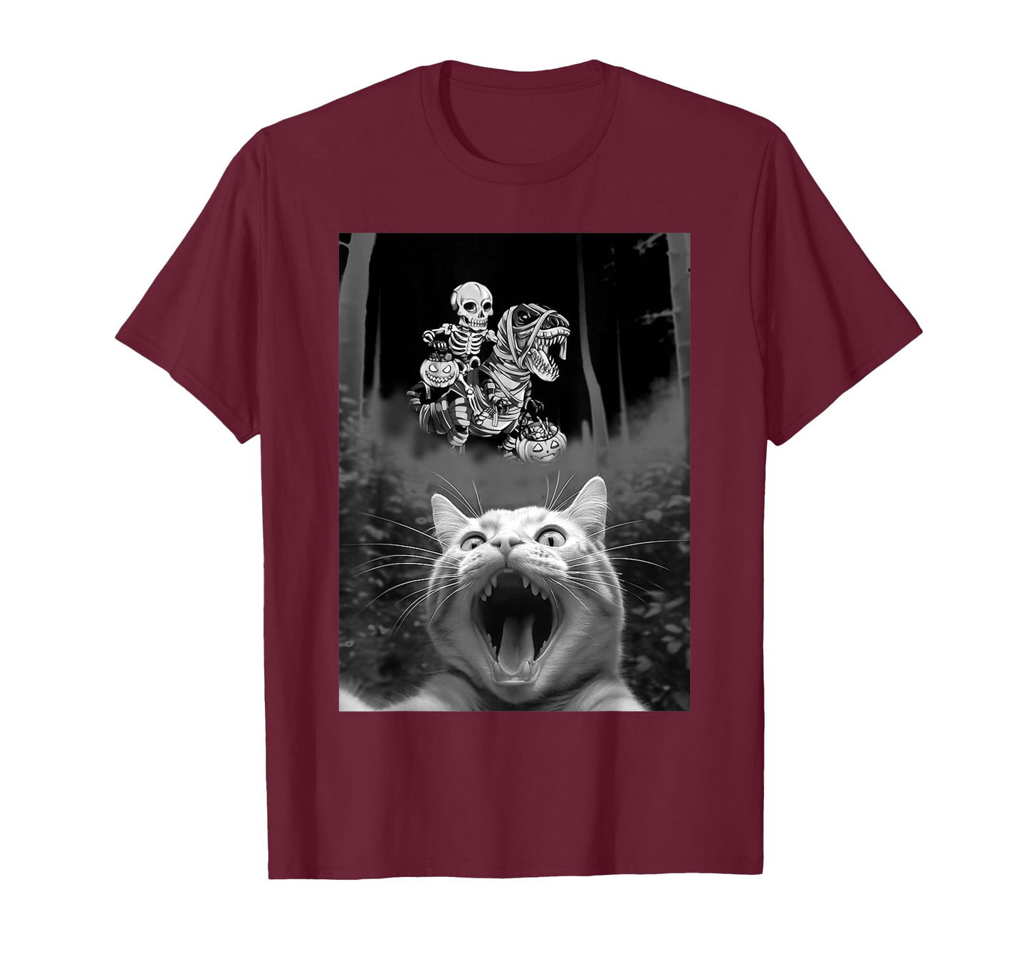 Funny Cat Selfie with Skeleton Riding Dinosuar Halloween Tee T-Shirt