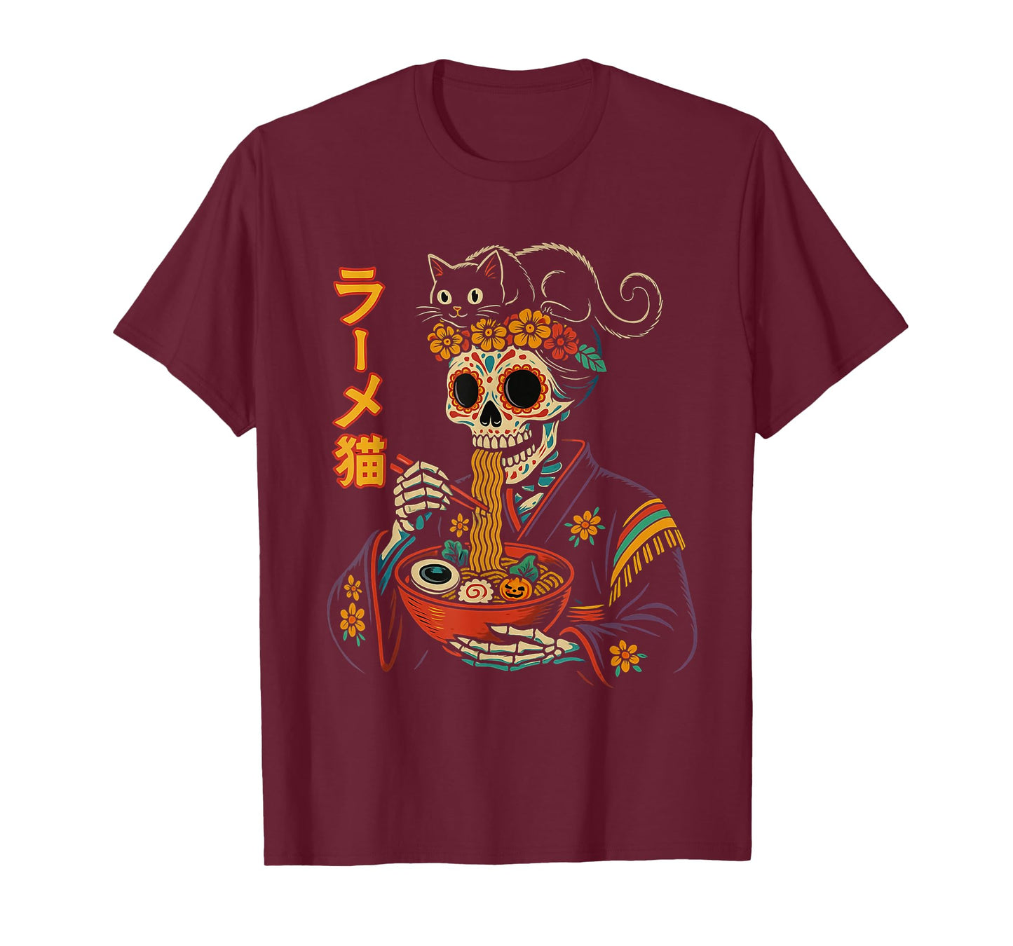 Geisha Skeleton Eating Ramen with Black Cat Japanese Retro T-Shirt