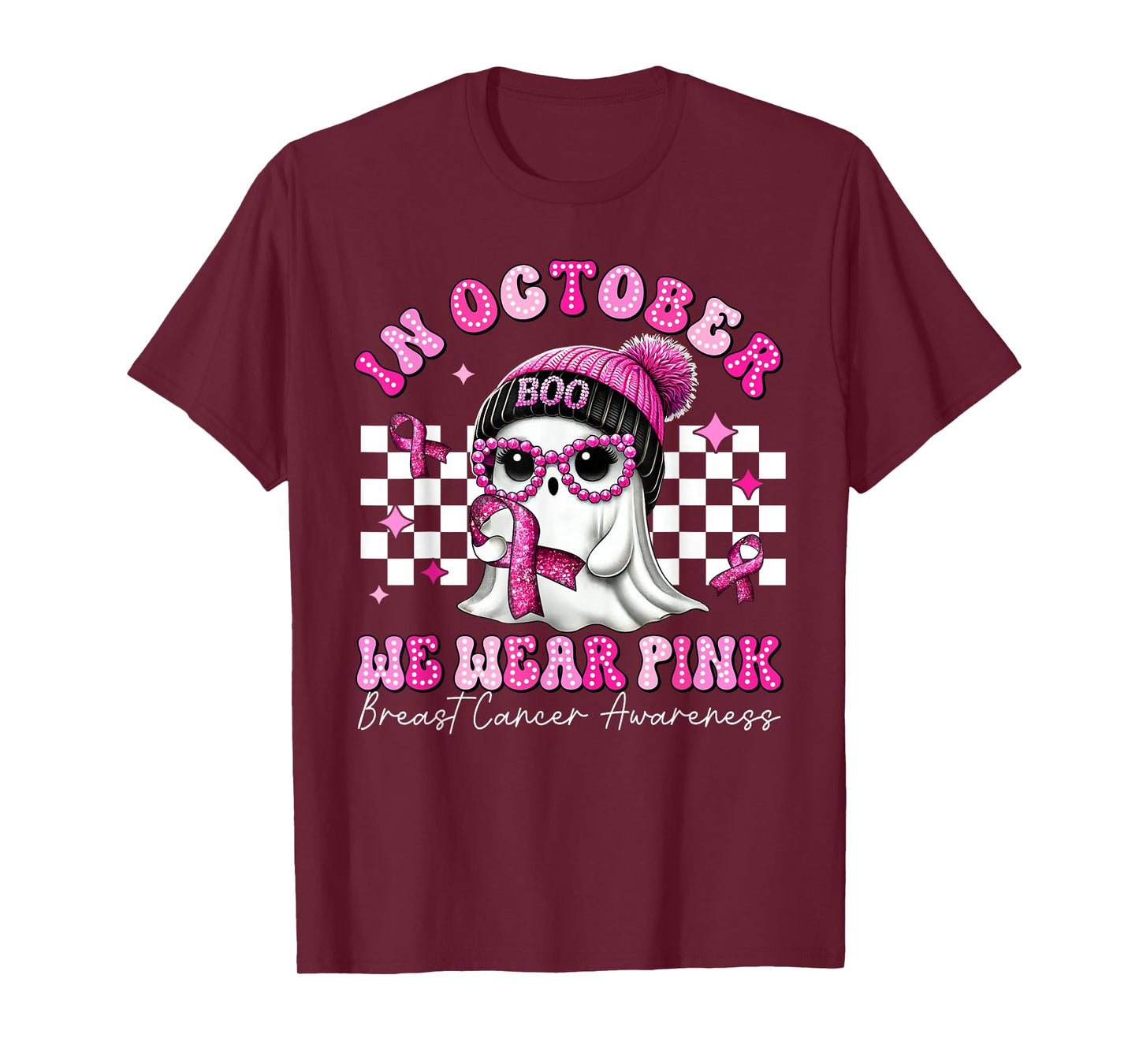 October We Wear Pink Breast Cancer Awareness Ghost Halloween T-Shirt
