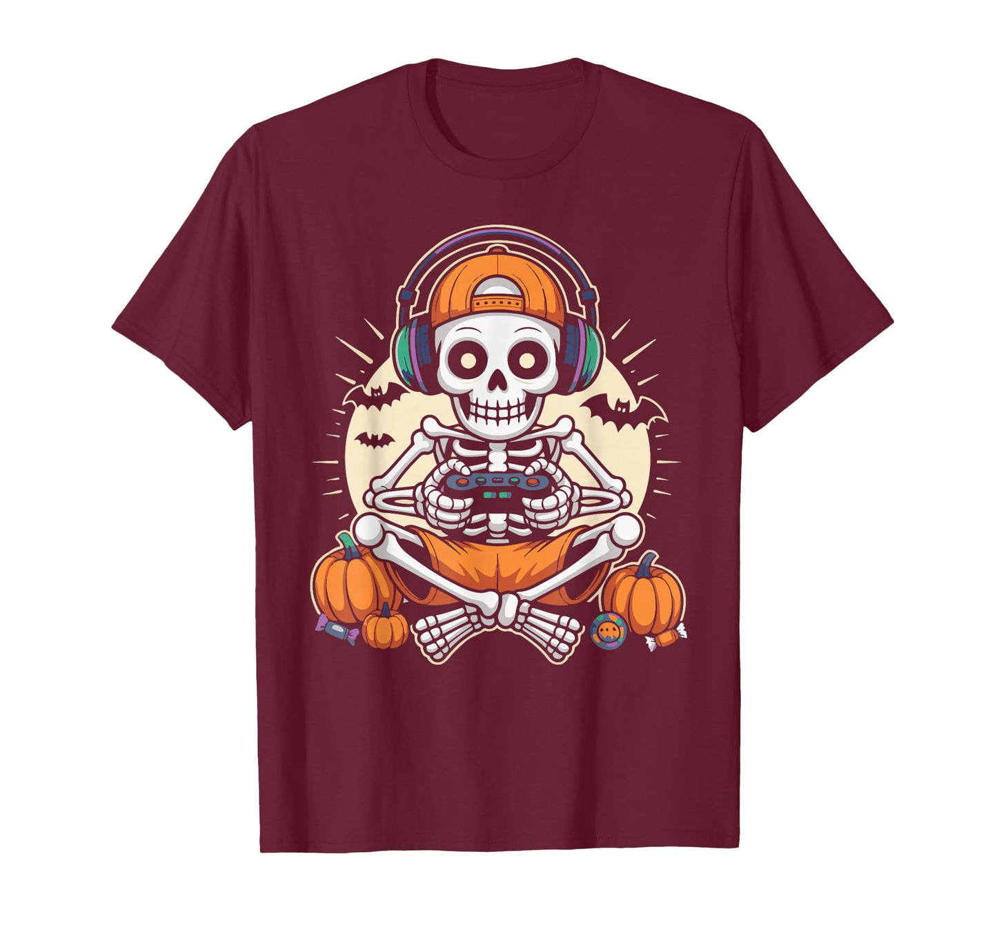 Skeleton Gamer Headphone Retro Halloween Gaming Boys Kids T-Shirt