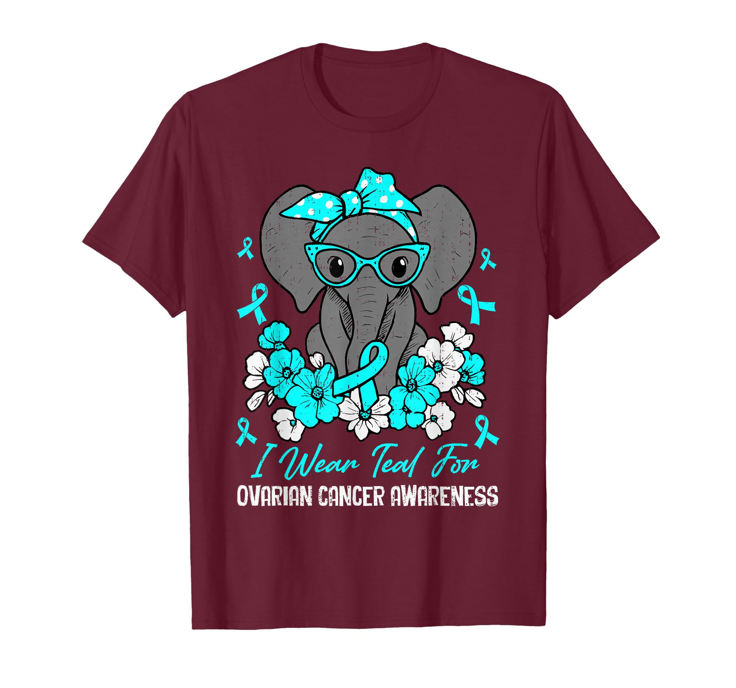 Ovarian Cancer Awareness Elephant Ribbon Teal Animal Support T-Shirt