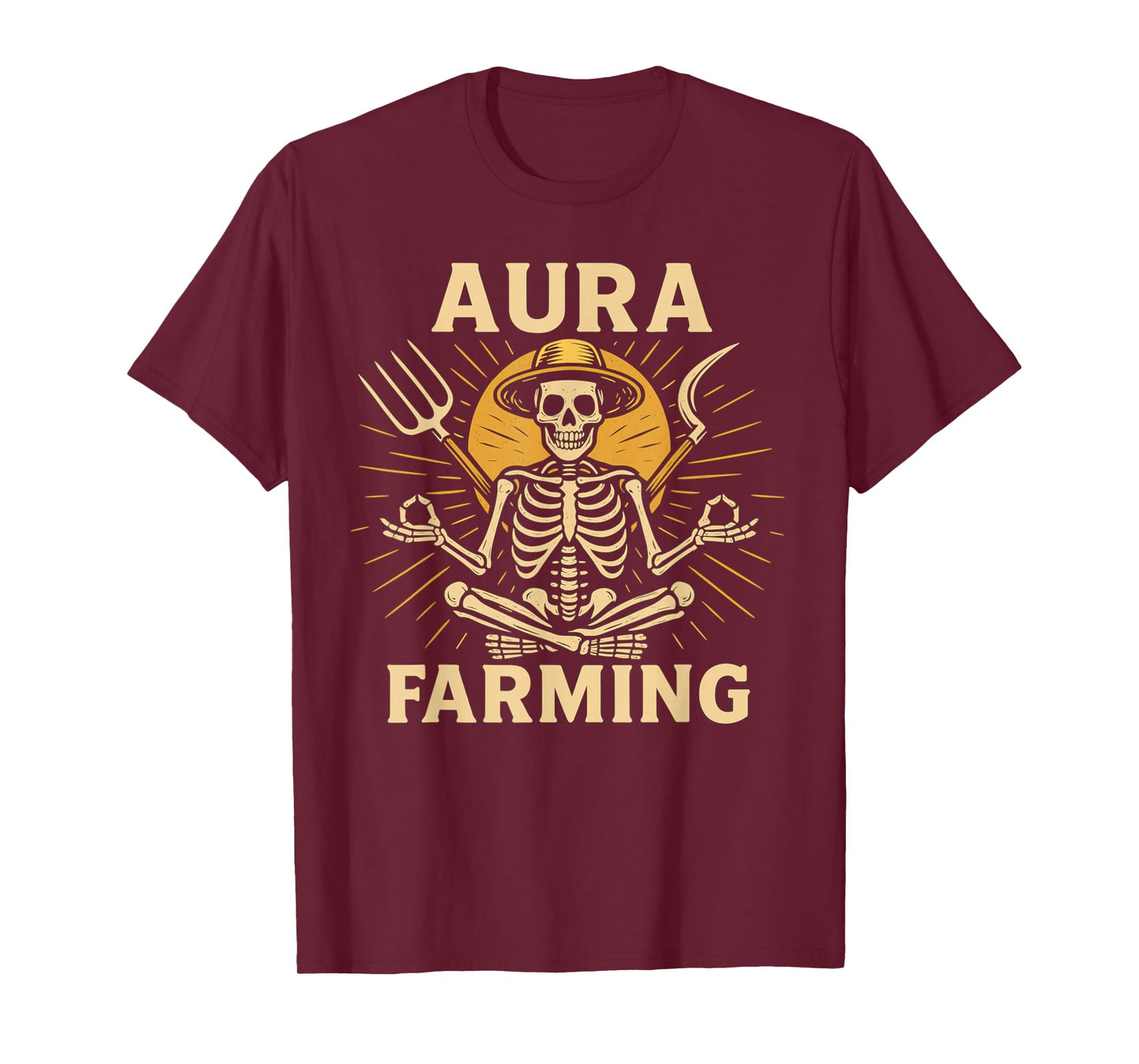 Aura Farming Skeleton – Zen Farmer Meditating with Pitchfork T-Shirt