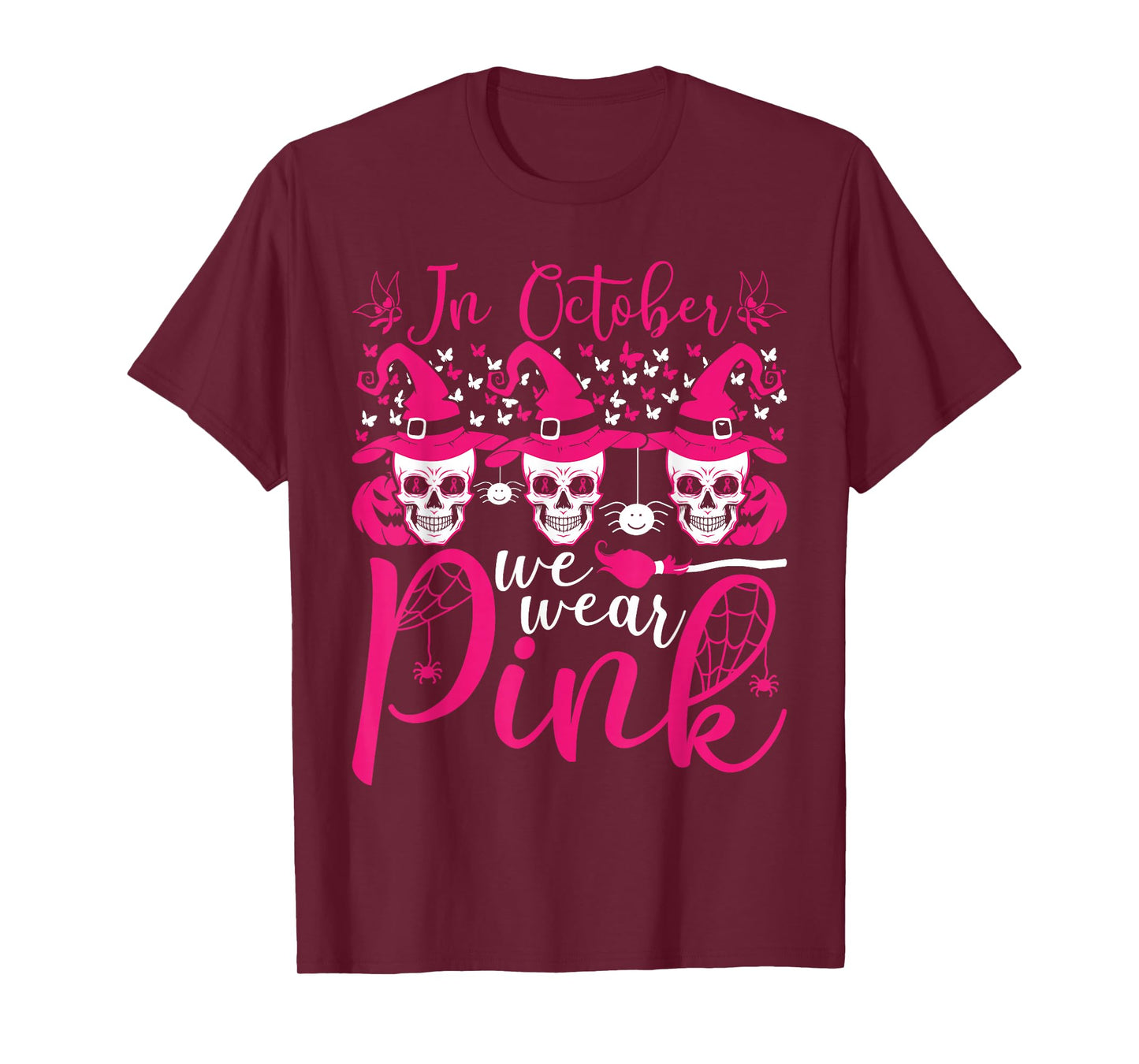 in October We Wear Pink Sugar Skull Breast Cancer Halloween T-Shirt