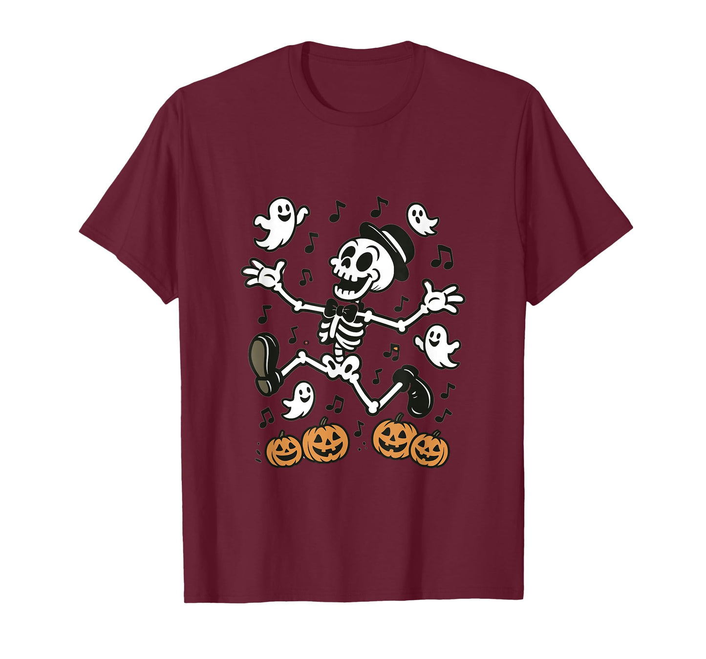Dancing Skeleton with Pumpkins and Ghosts Halloween Design T-Shirt