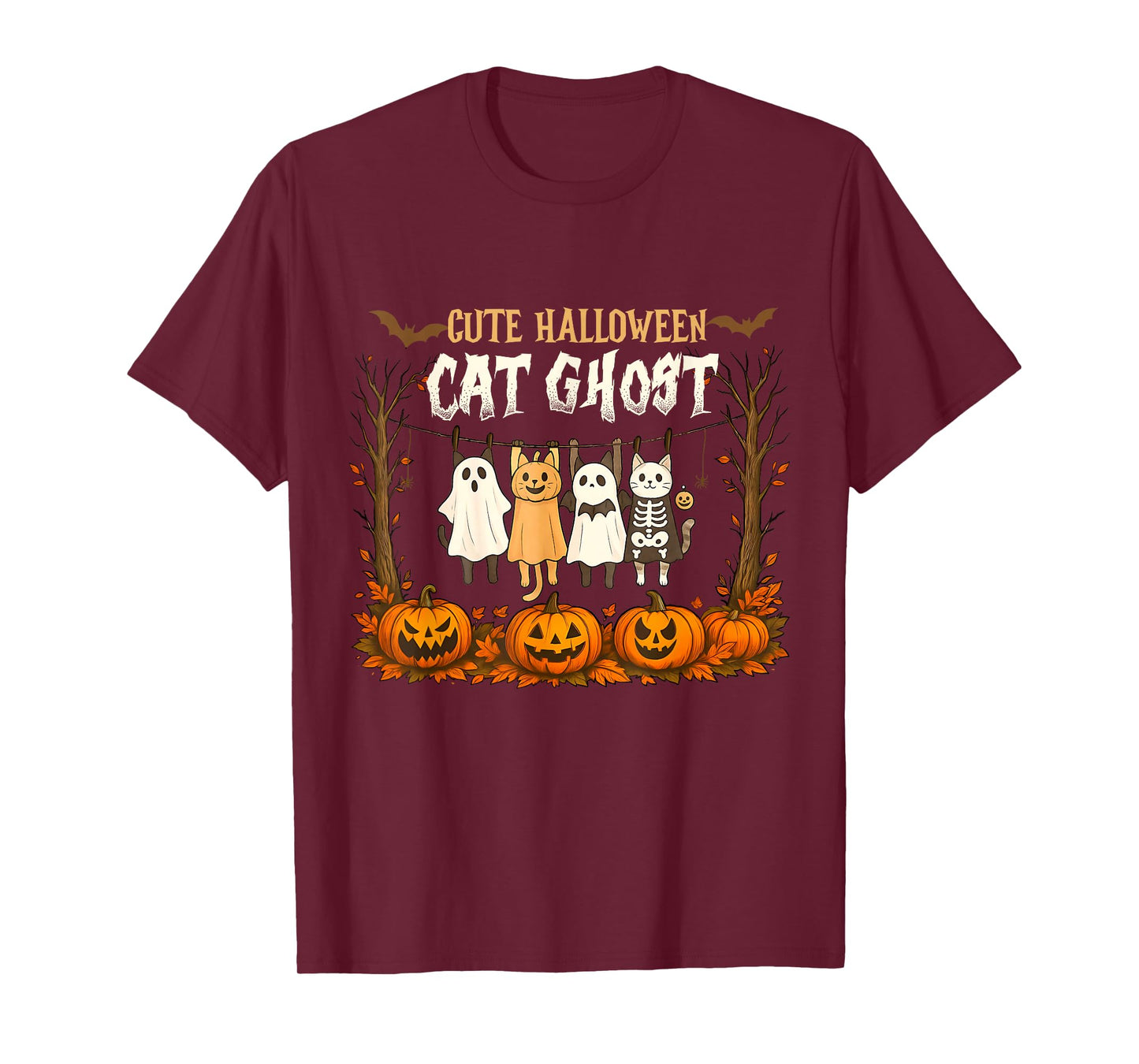 Vintage Halloween Ghost Holding Black Cat Groovy Floral T-Shirt