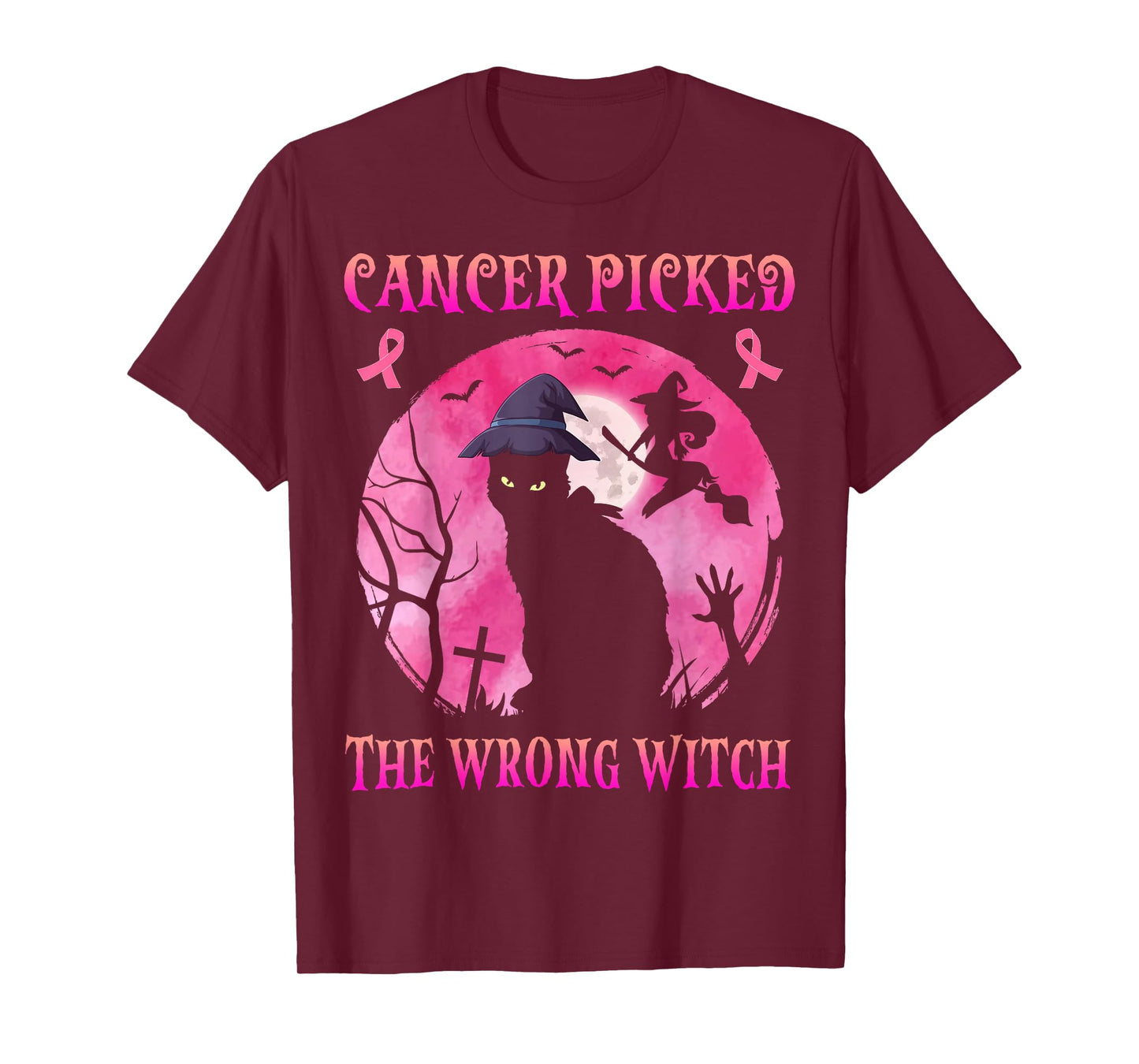 Cancer Picked The Wrong Witch Breast Cancer Halloween Cat T-Shirt