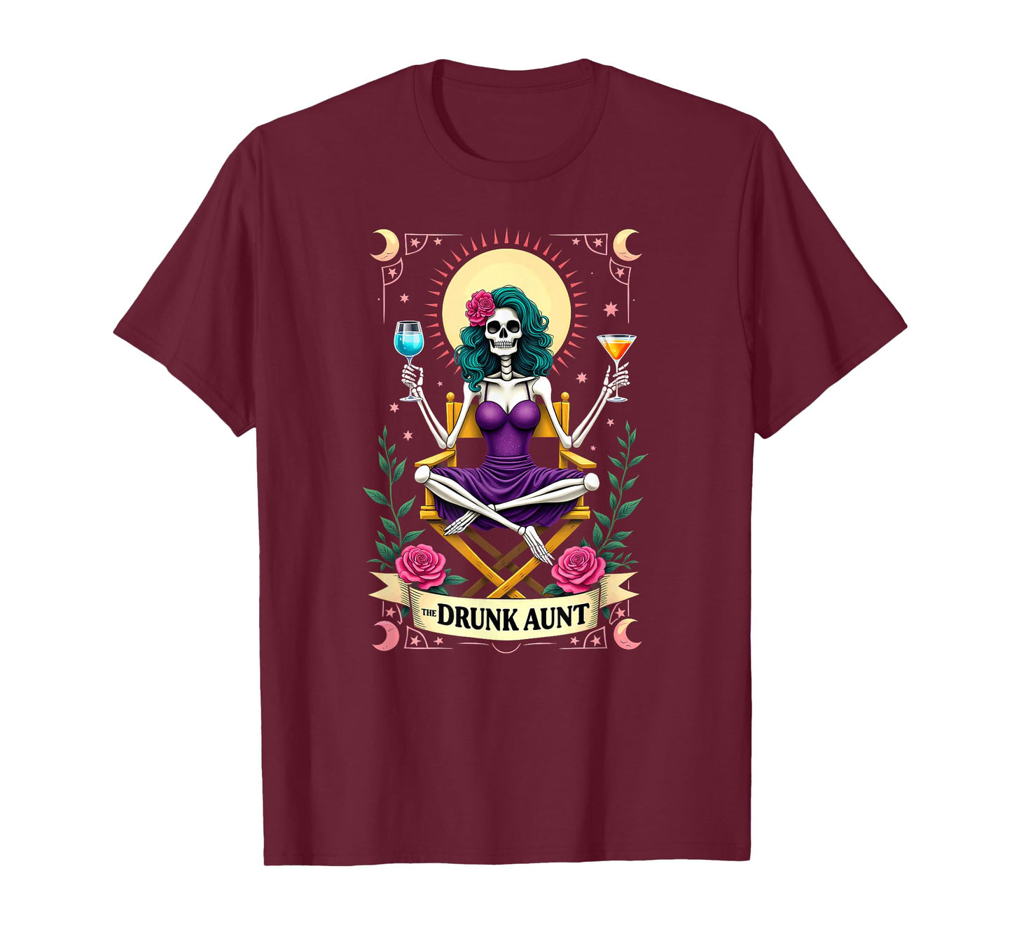 Gothic Tarot Card The Drunk Aunt Skeleton Halloween T-Shirt