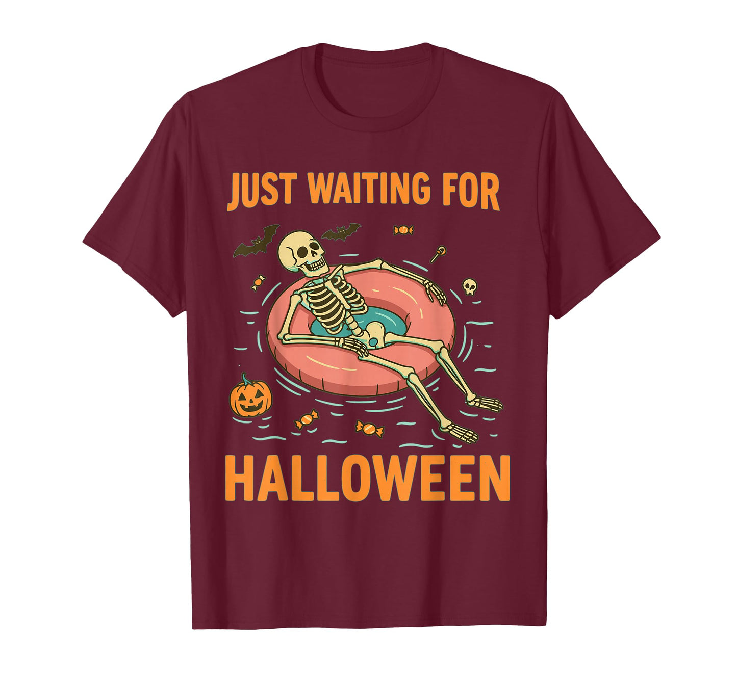 Just Waiting for Halloween Skeleton on Pool Float – Spooky T-Shirt