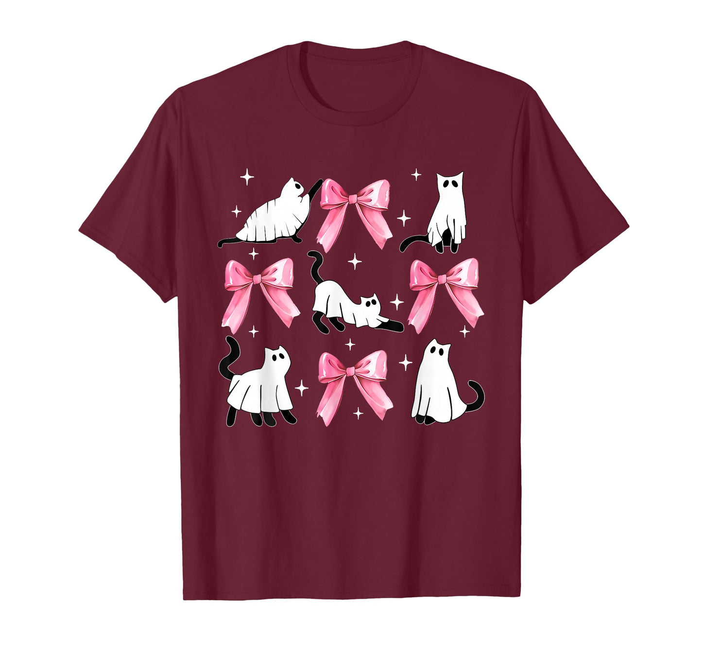 Halloween Ghost Cat Boo Costume Cute Pink Bow Coquette Kitty T-Shirt