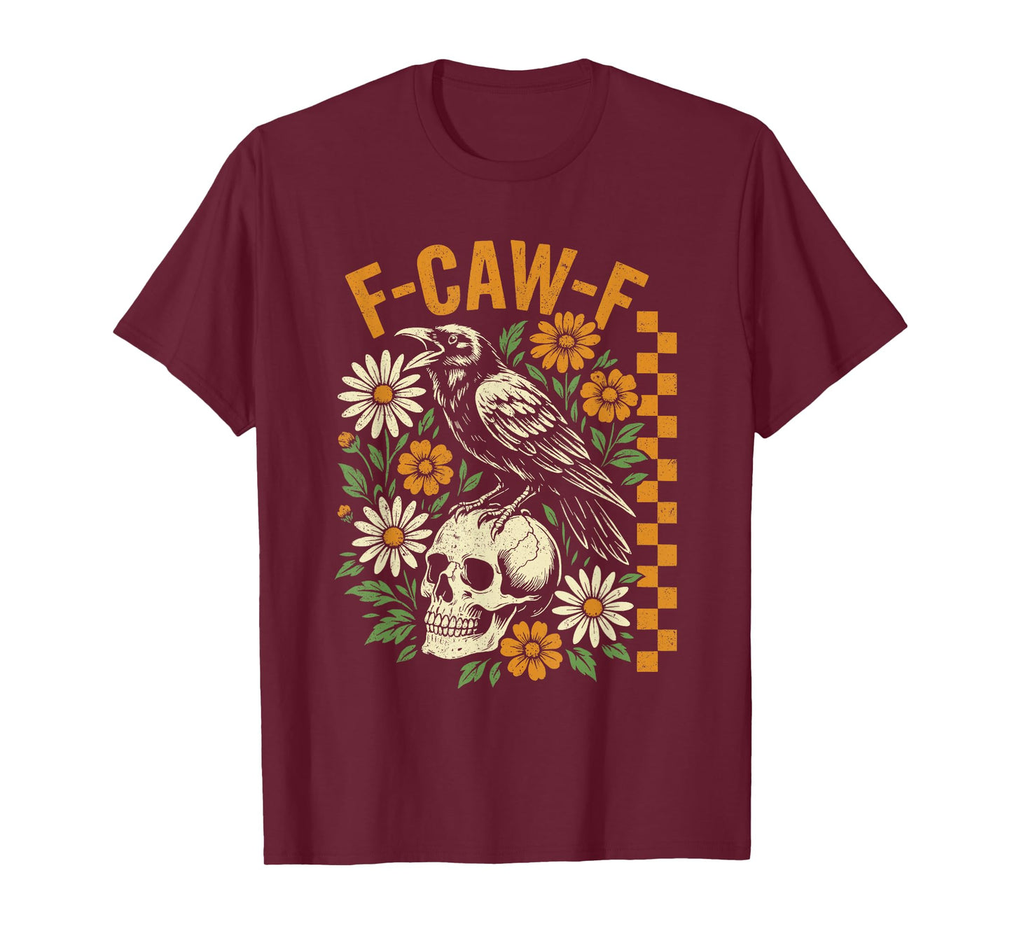 Retro Black Crow F-Caw-F Black Bird Skull Floral Halloween T-Shirt