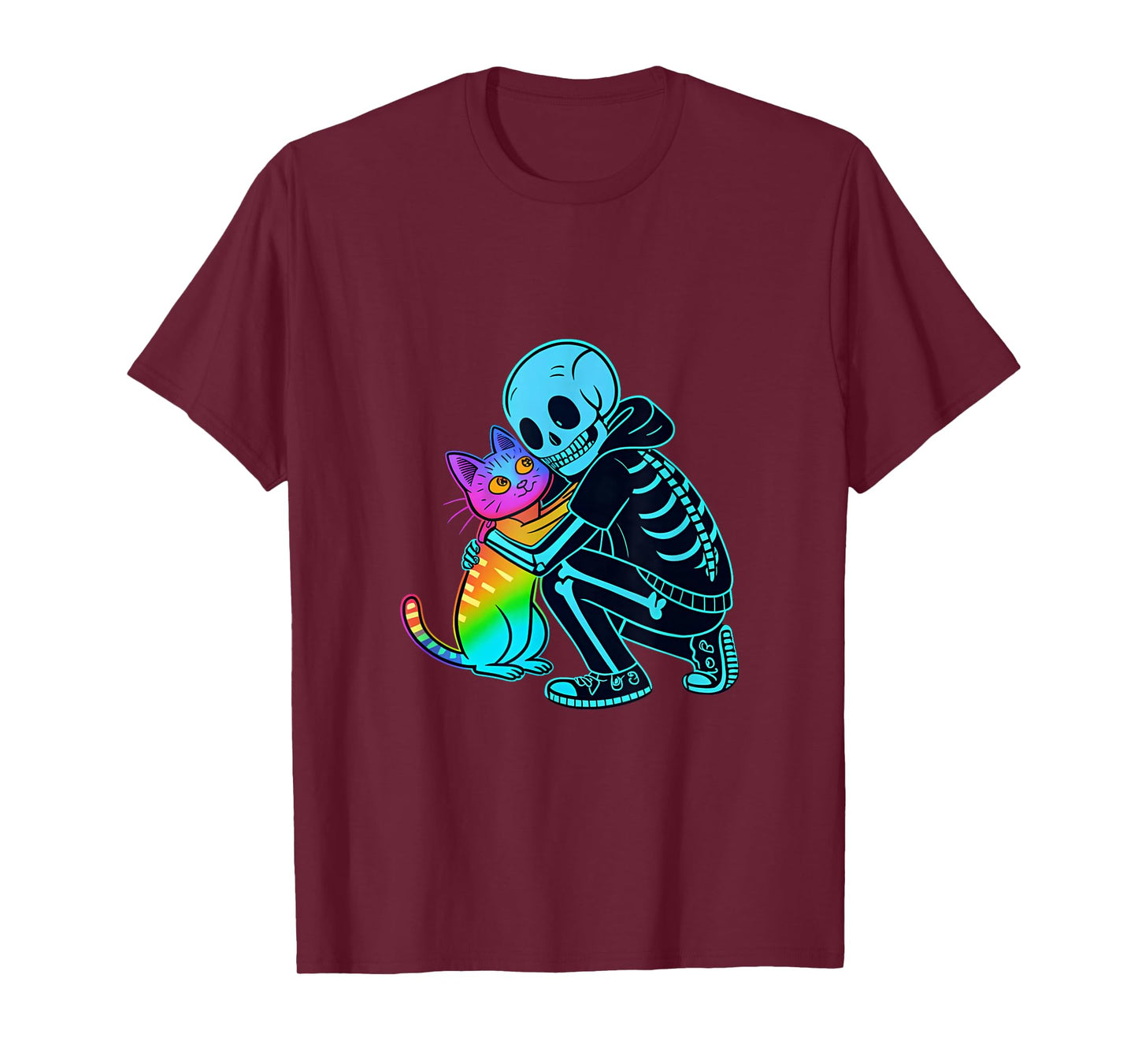 Skeleton Hugging Rainbow Cat Halloween T-Shirt