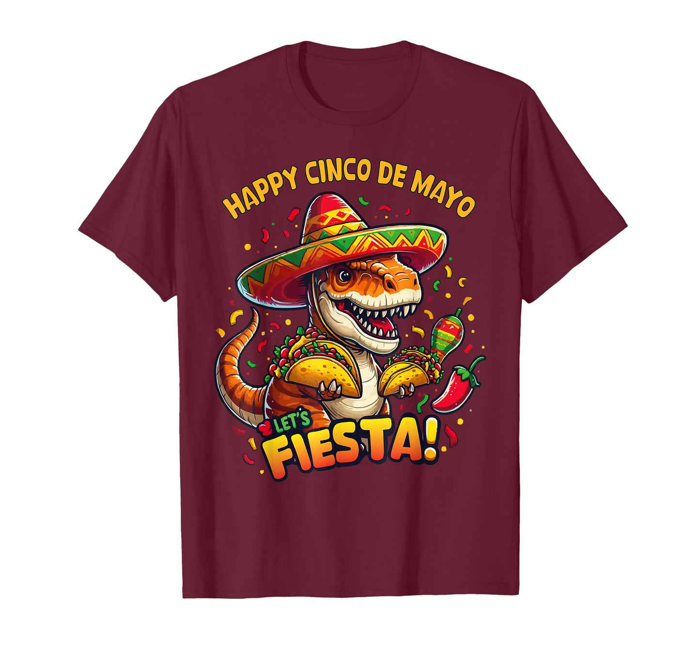 Cinco De Mayo Funny Dinosaur Holding Taco Let's Fiesta Party T-Shirt