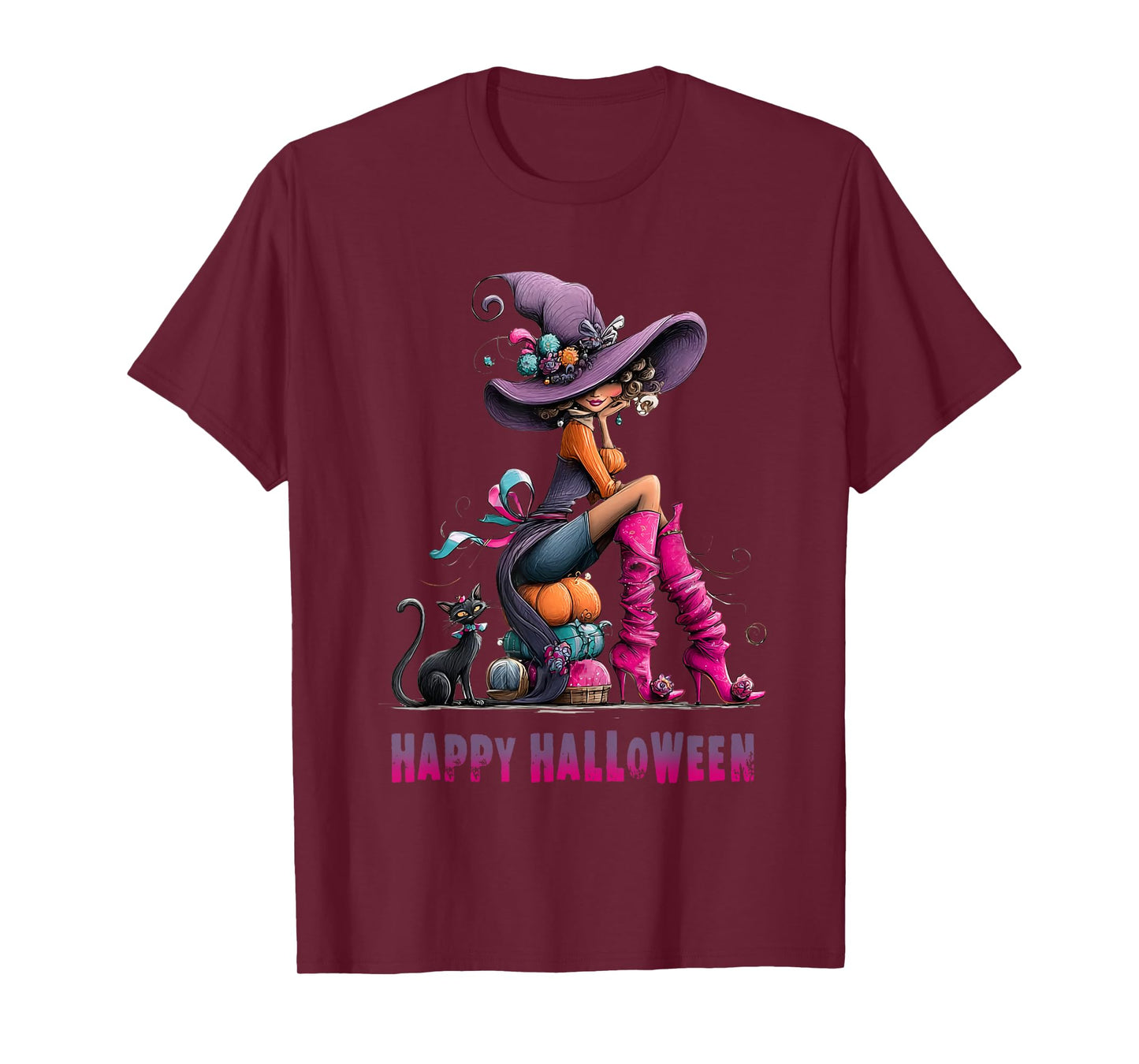 Spooky Witch High Heels with Black Cat Halloween Pumpkin T-Shirt
