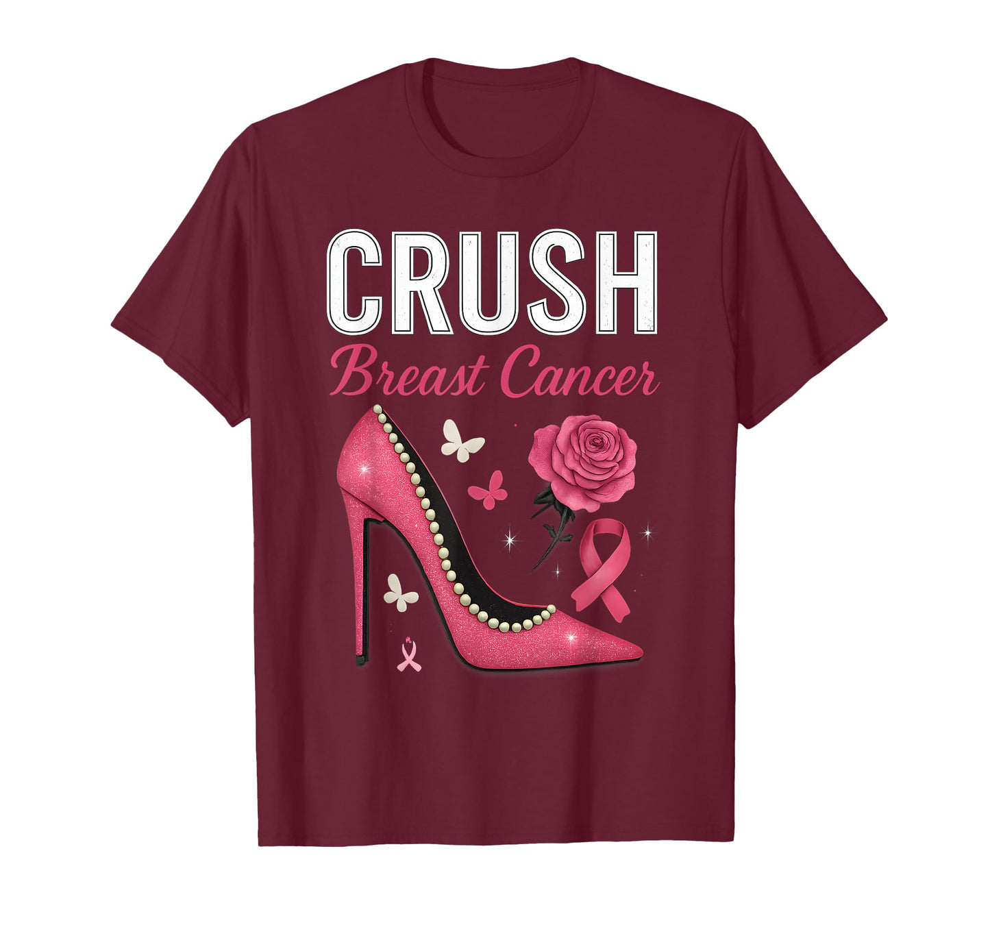Bling Floral Pink Ribbon Crush Breast Cancer Awareness T-Shirt