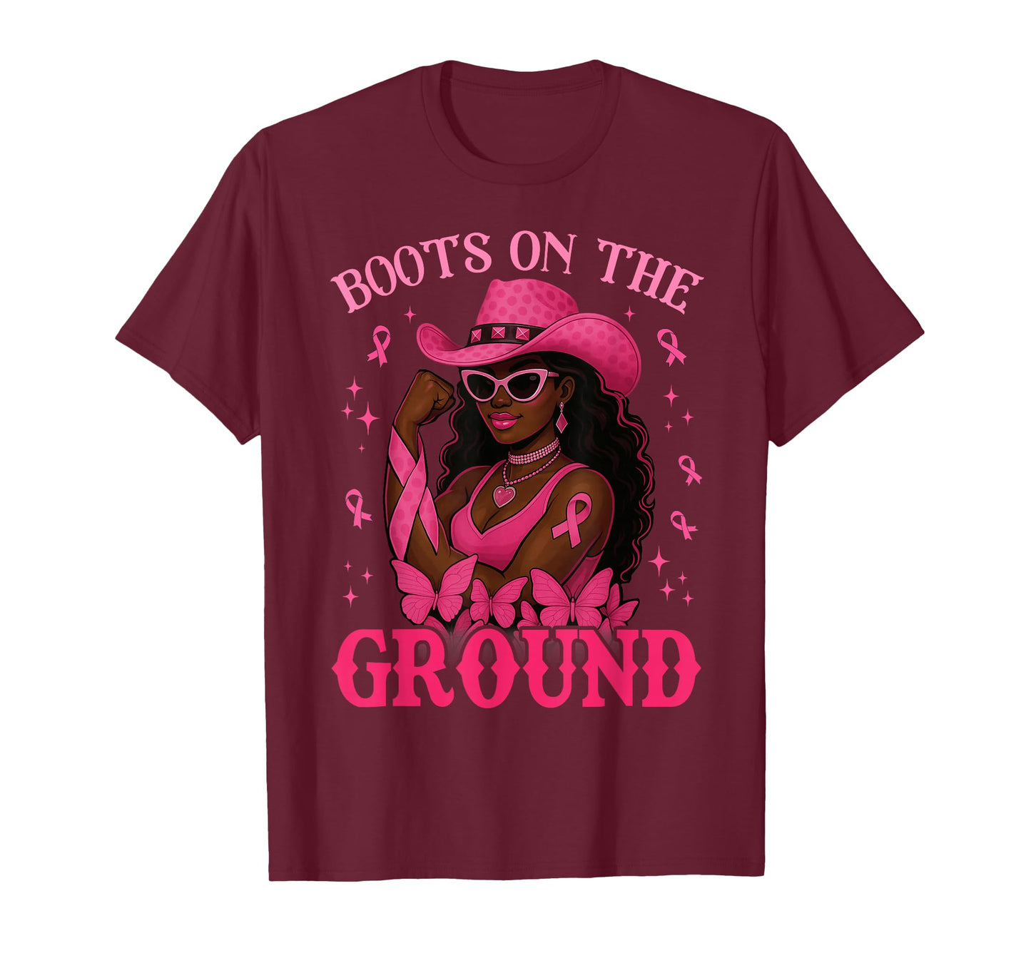 Boots On The Ground Pink Cowgirl Breast Cancer Western Women T-Shirt