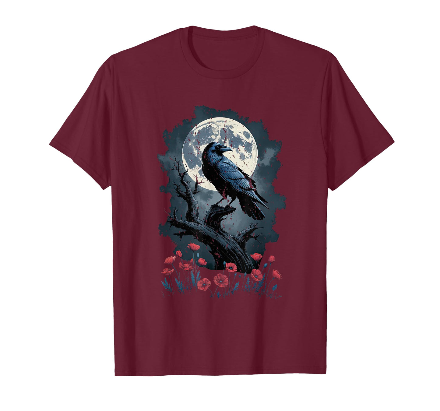 Raven with Poppies Moon and Flowers Gothic Botanical Crow T-Shirt