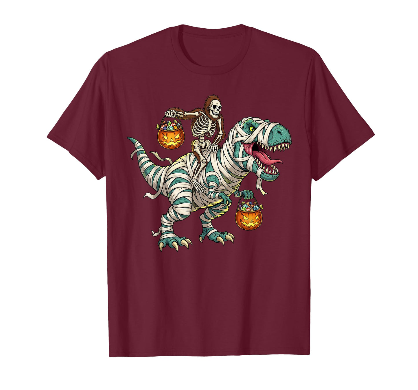 Skeleton Bigfoot Riding Mummy Dinosaur T-Rex Funny Halloween T-Shirt