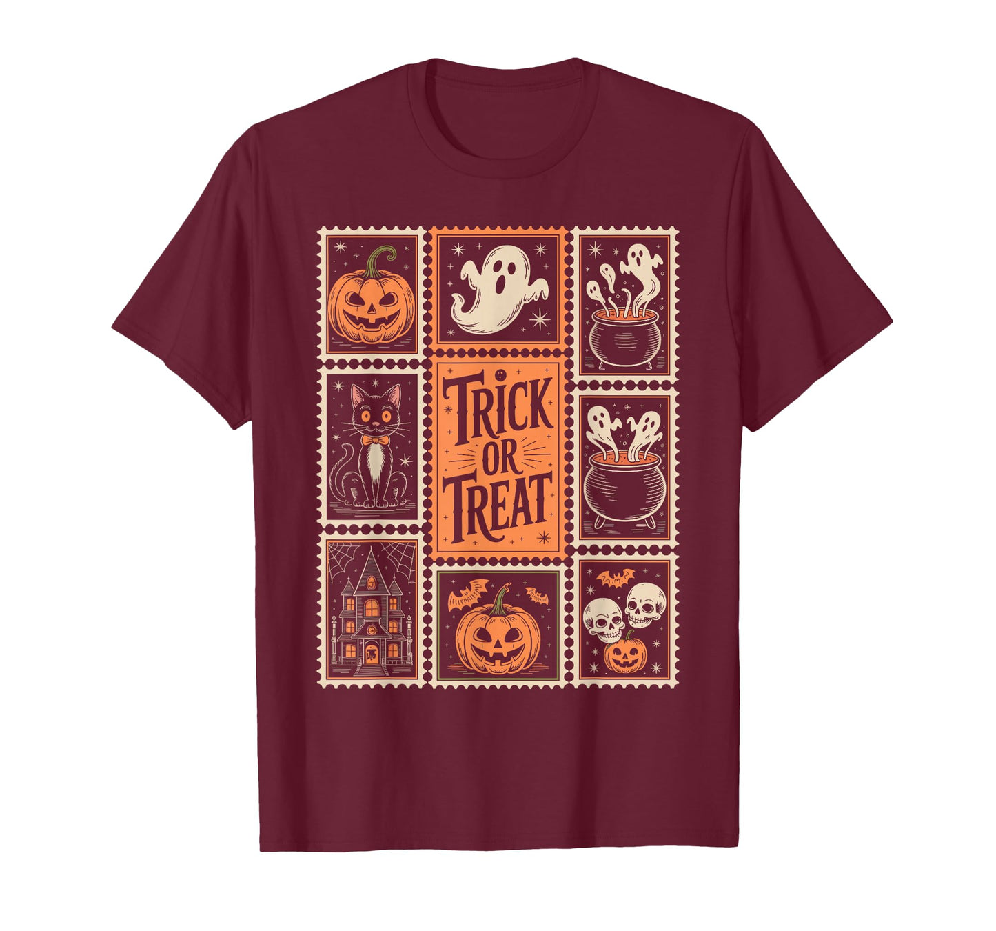 Halloween Stamps Spooky Pumpkin Ghost Cat Witch Skeleton T-Shirt