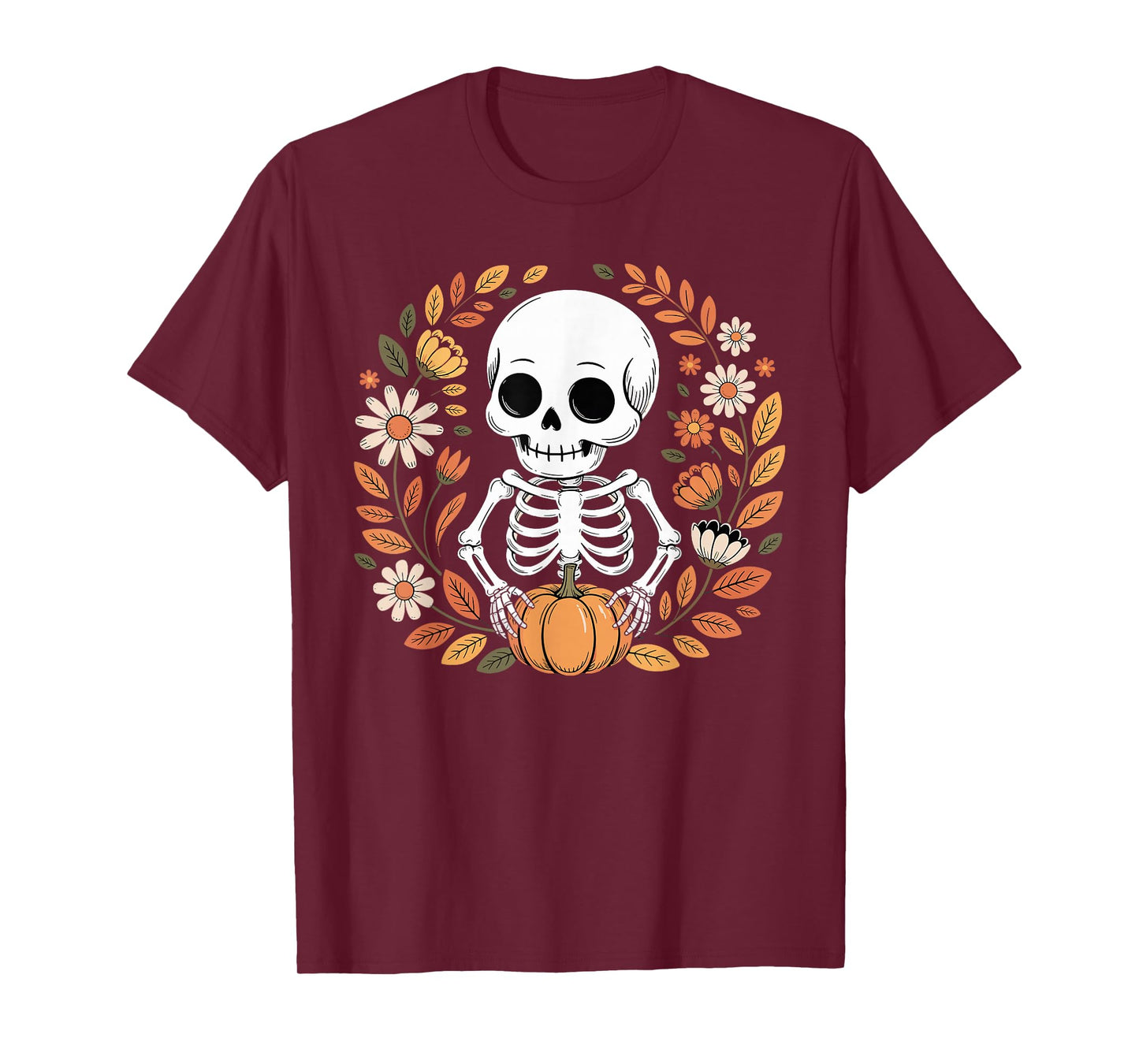 Halloween Fall Autumn Skeleton Floral Pumpkin T-Shirt