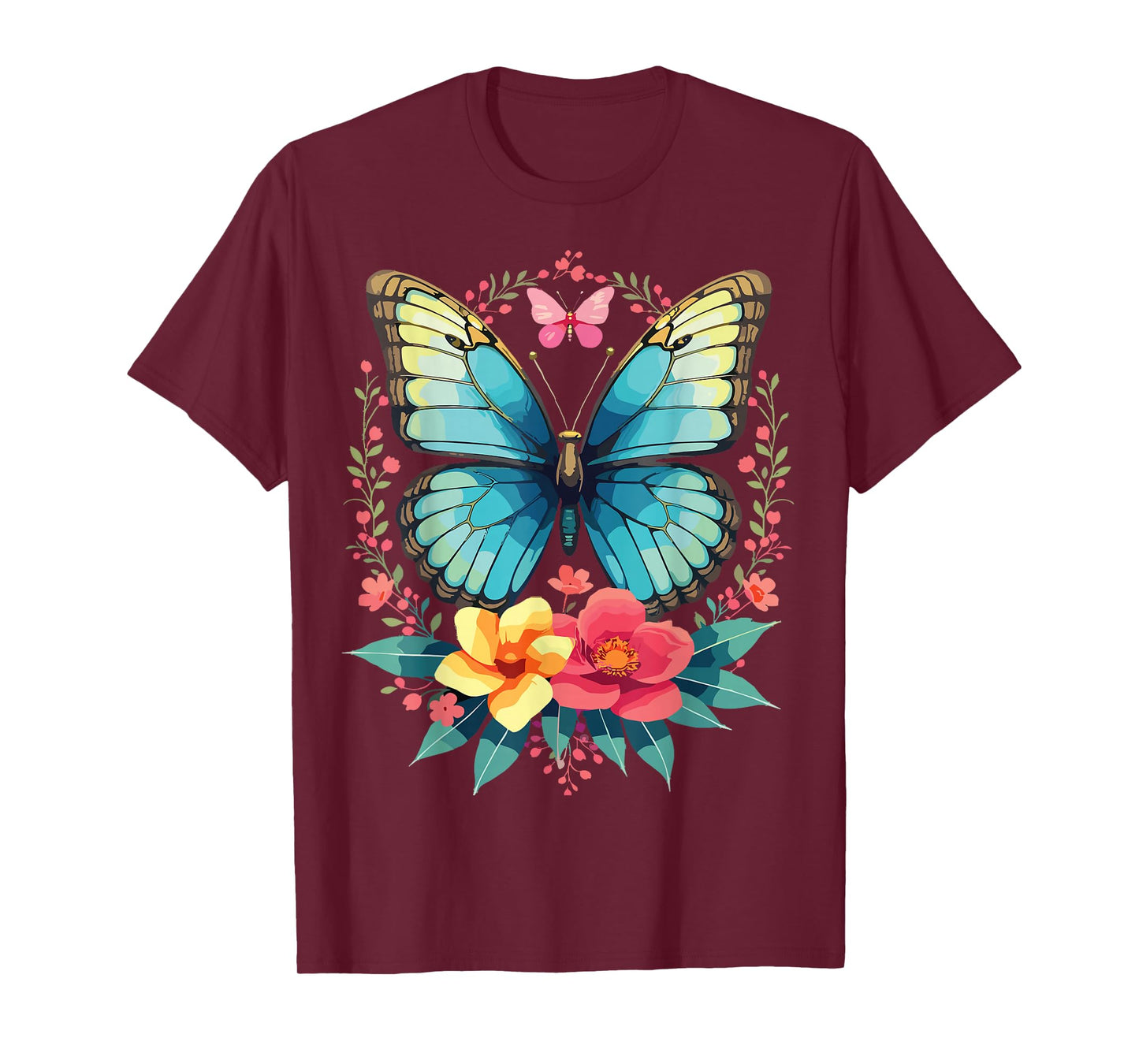Beautiful Blue Butterfly with Flowers Aesthetic Nature T-Shirt